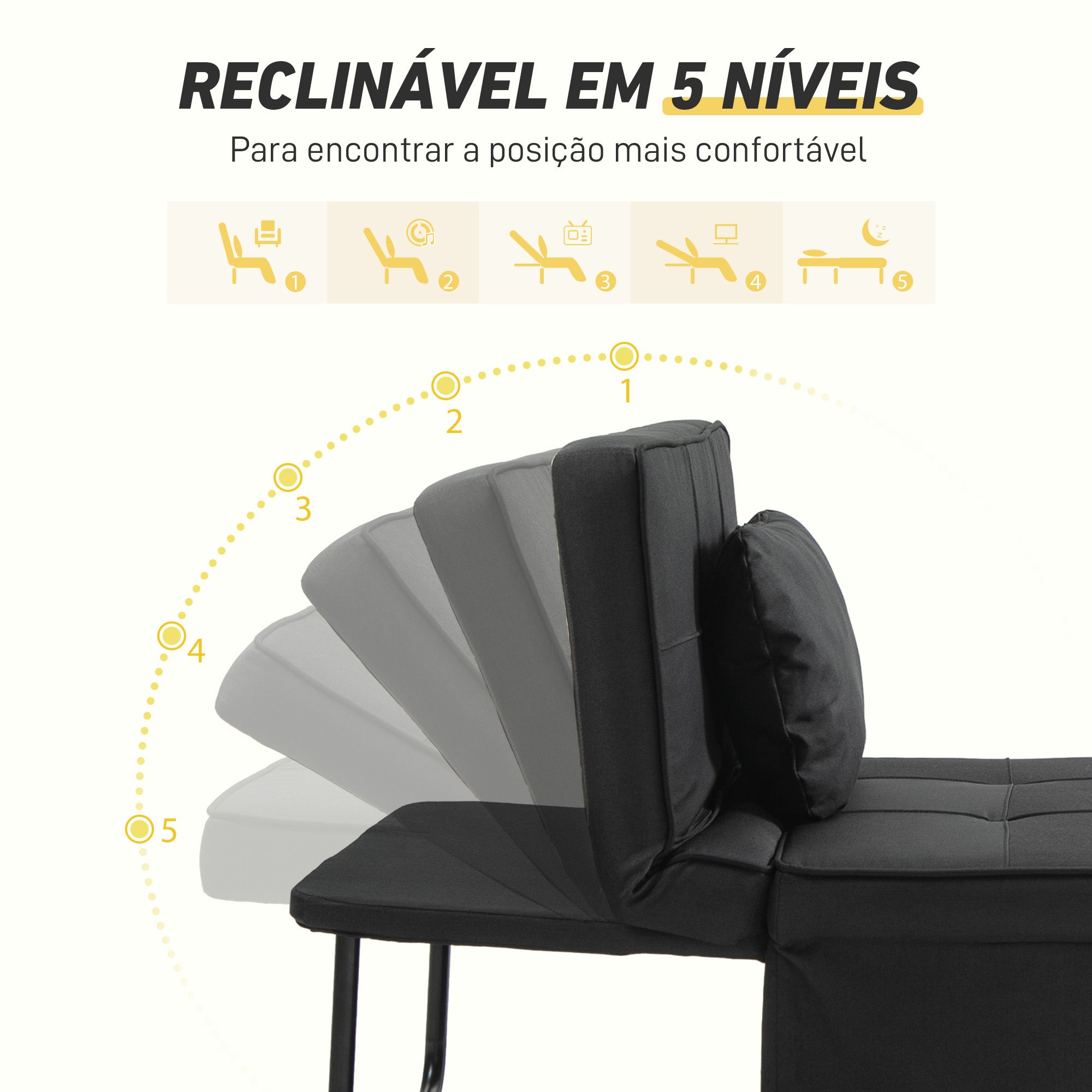 Sofá Cama Individual 3 em 1 Preto 95x189x43 cm