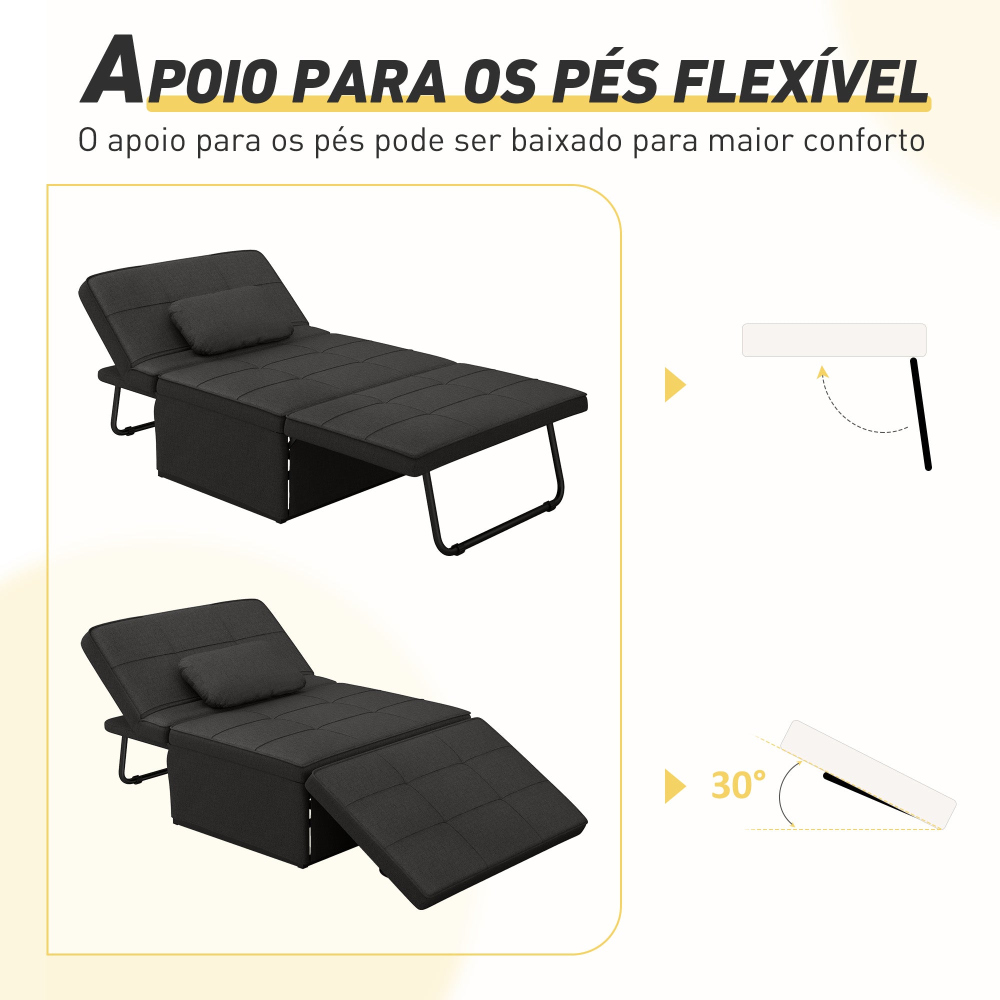 Sofá Cama Individual 3 em 1 Preto 95x189x43 cm