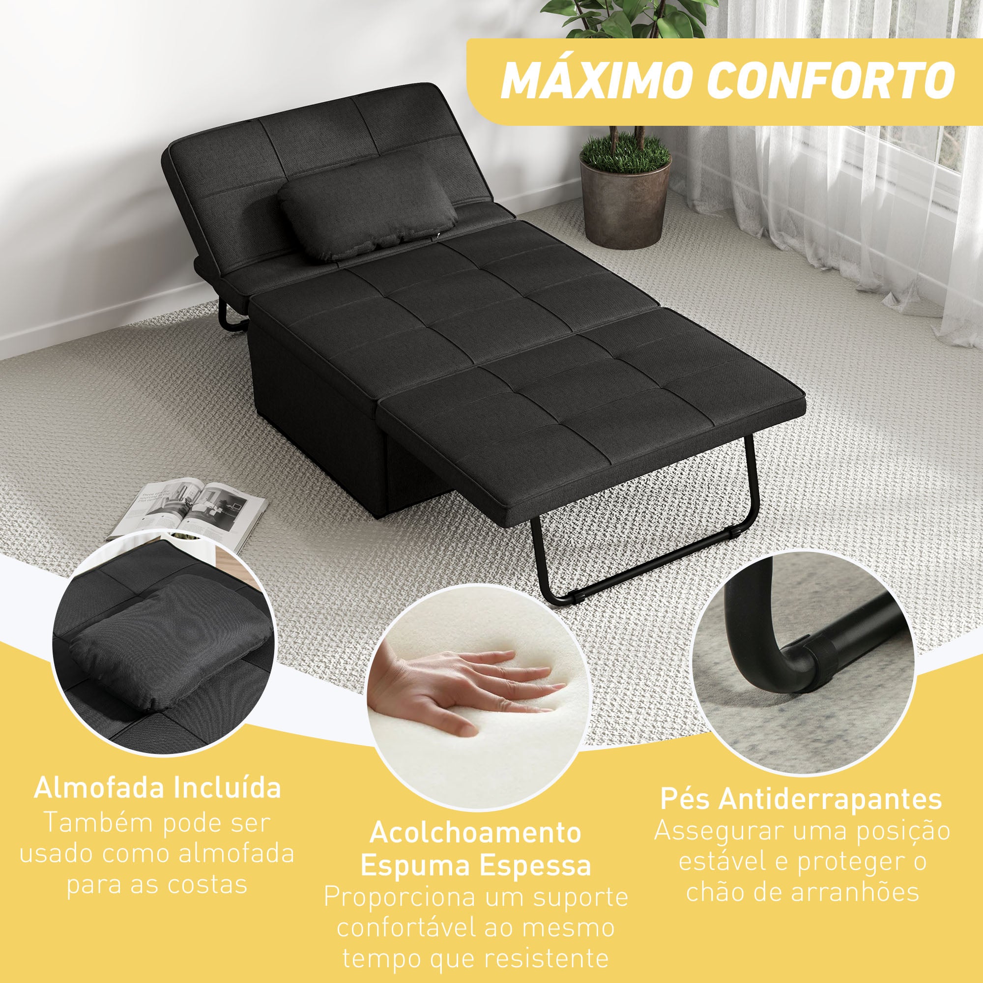 Sofá Cama Individual 3 em 1 Preto 95x189x43 cm