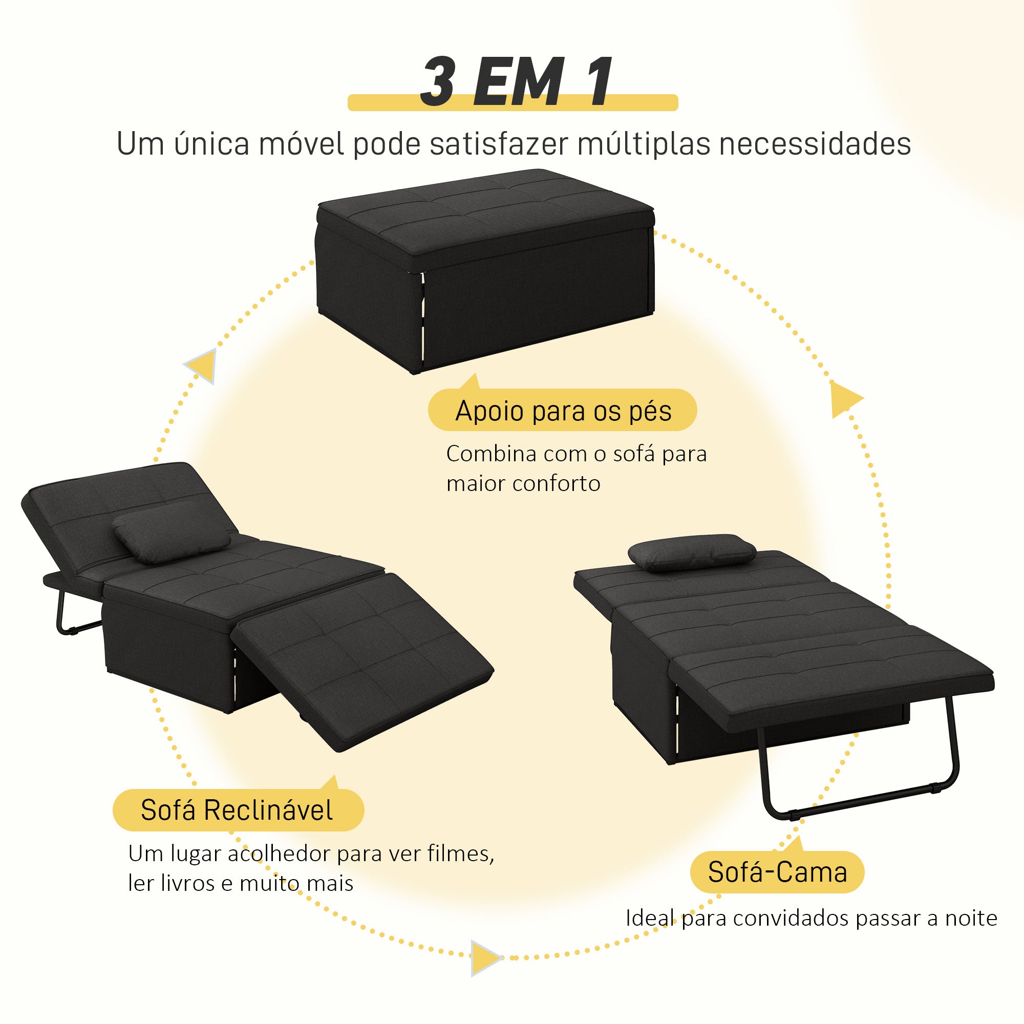 Sofá Cama Individual 3 em 1 Preto 95x189x43 cm