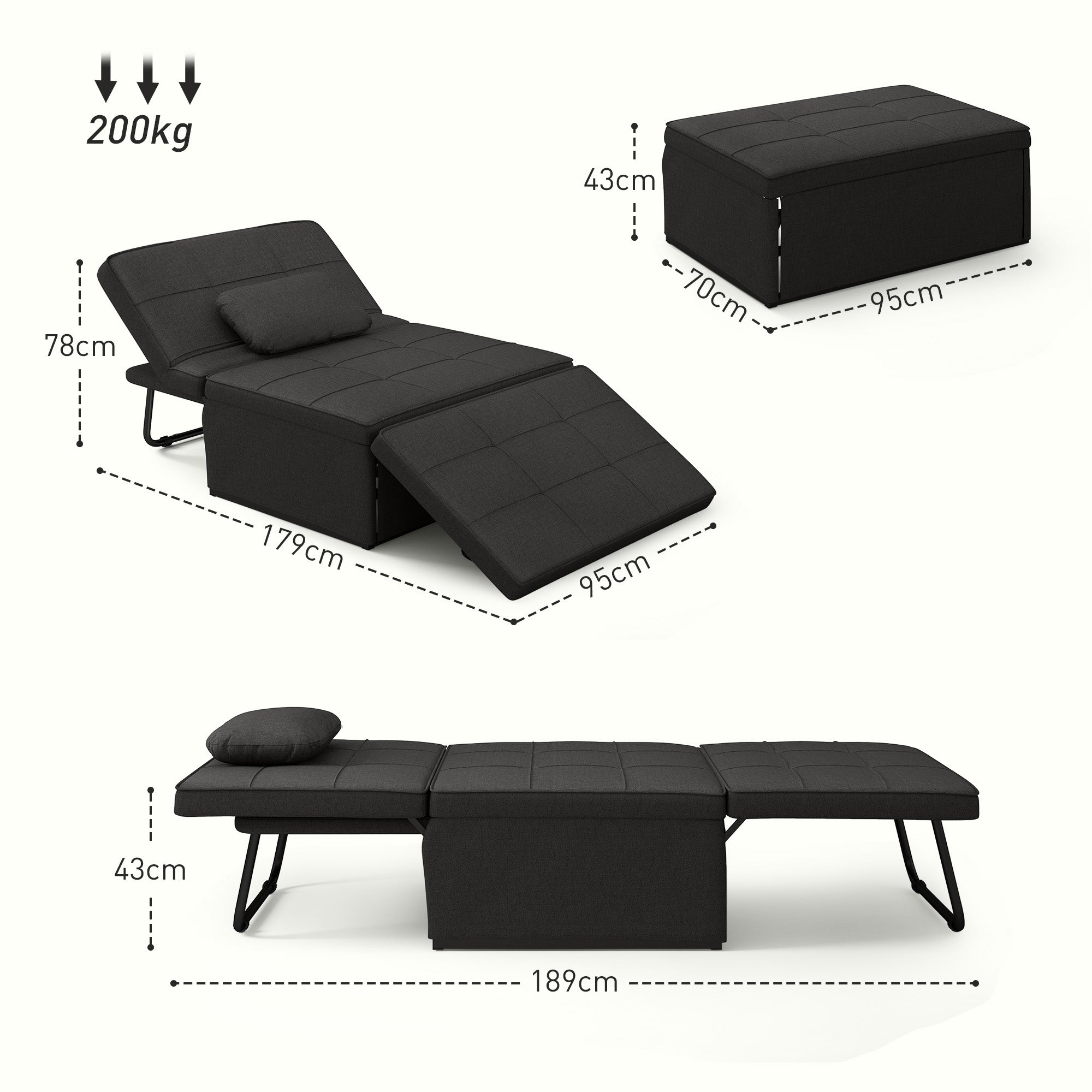 Sofá Cama Individual 3 em 1 Preto 95x189x43 cm