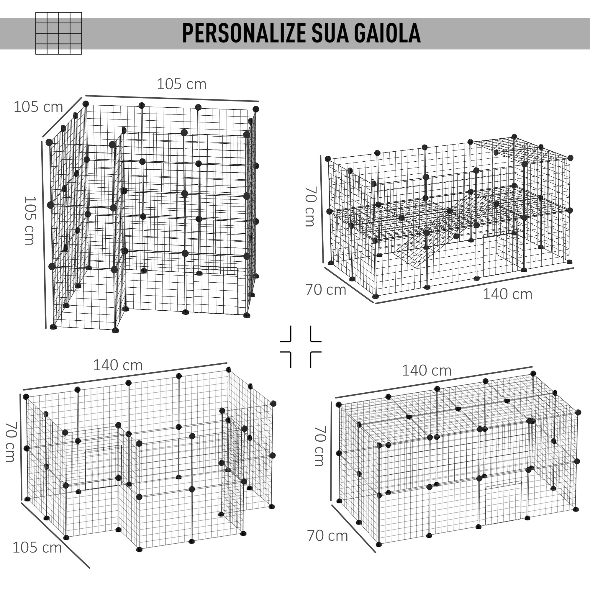 Recinto Metálico para Pequenos Animais - 146x73x73 cm - Preto