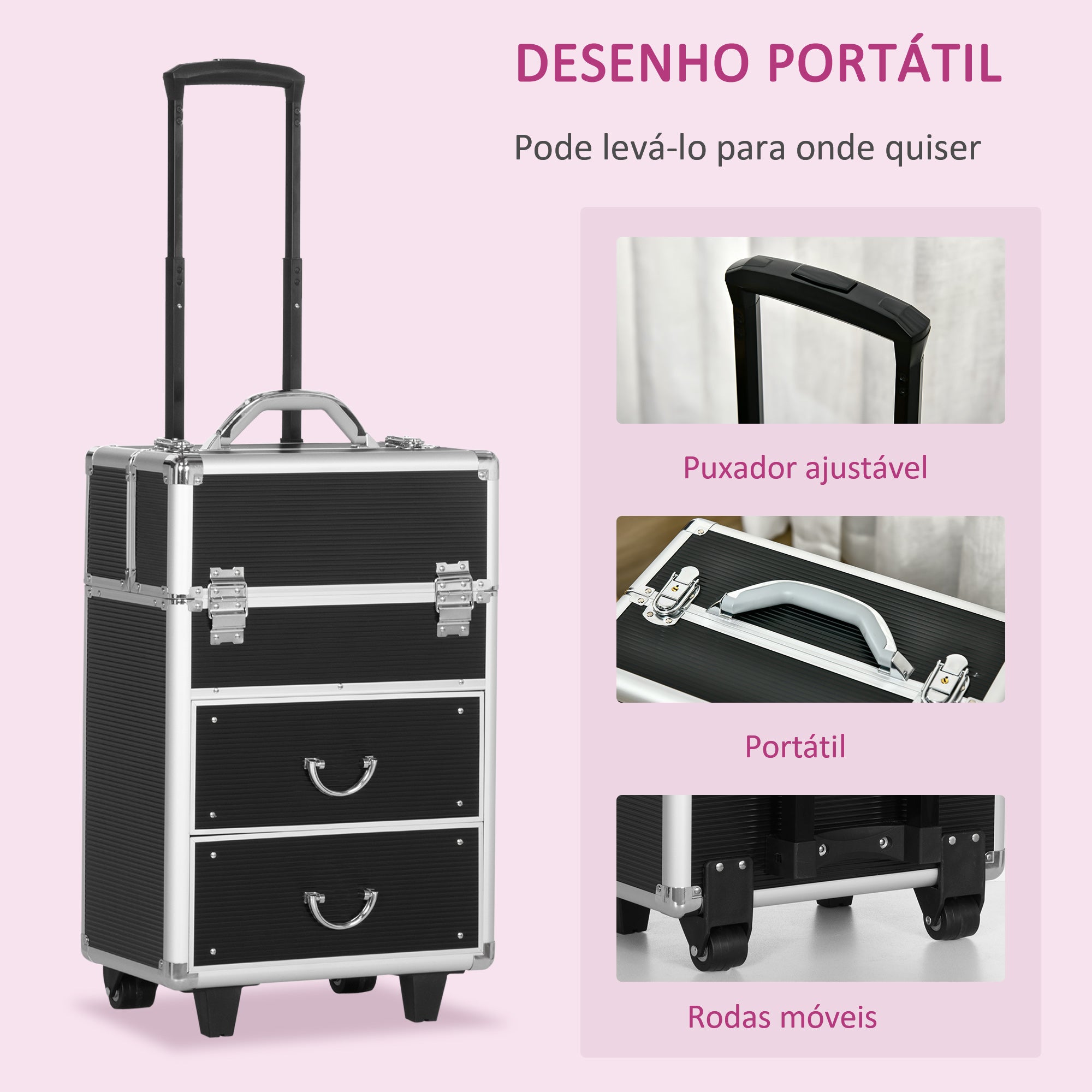 Mala de Maquilhagem Profissional – 36x23x58 cm – Preto – MDF