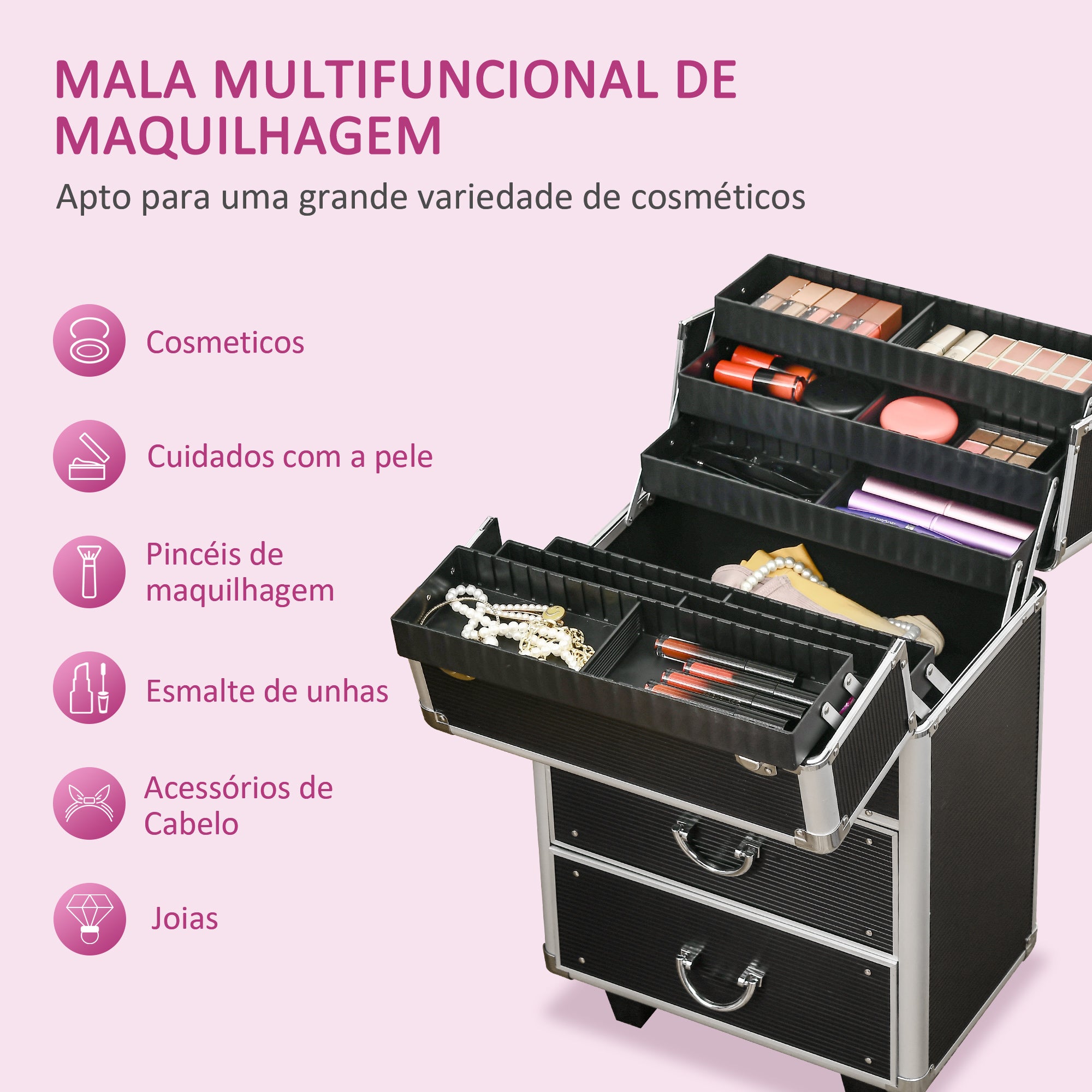 Mala de Maquilhagem Profissional – 36x23x58 cm – Preto – MDF