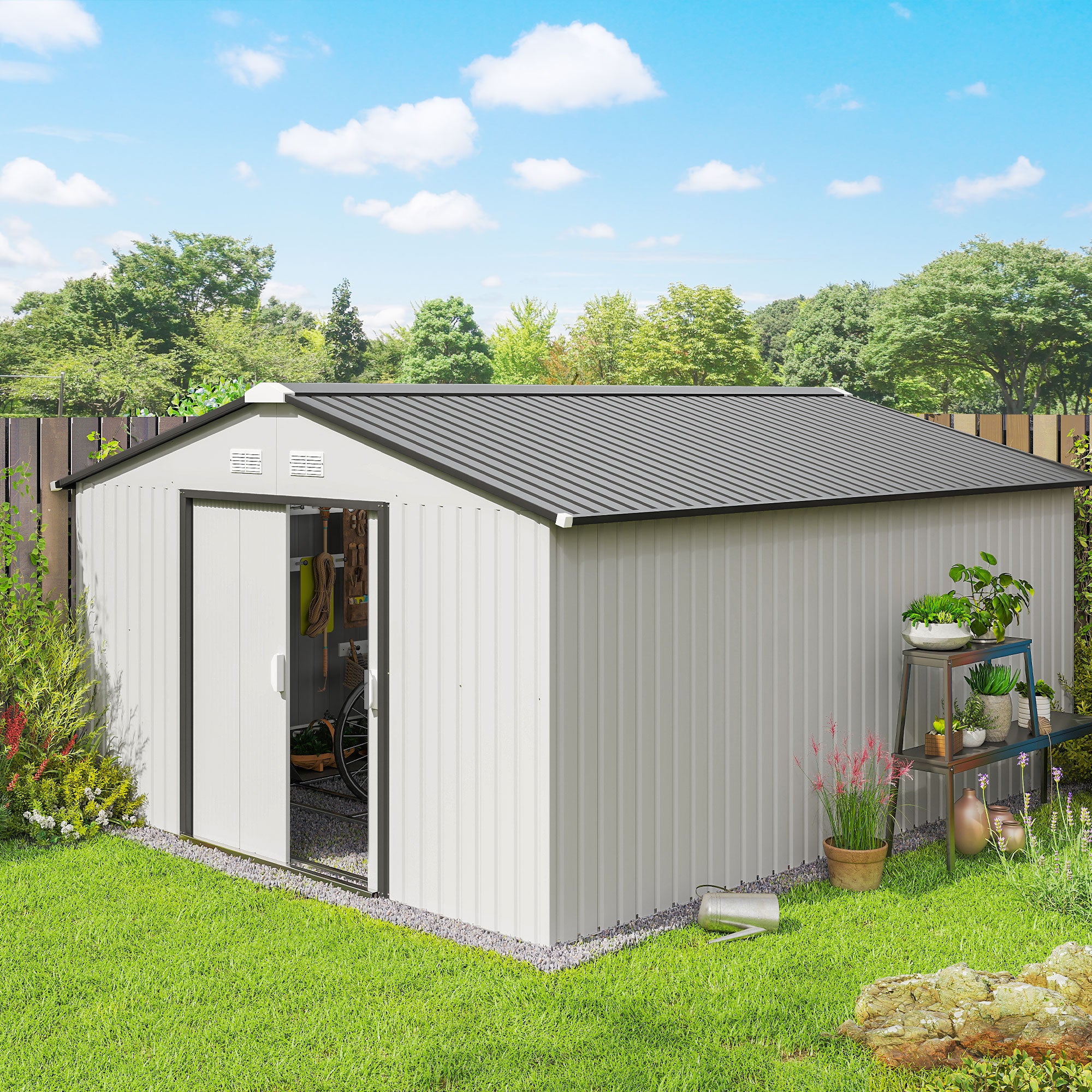 Abrigo de Jardim Metálico 340x386x200 cm - Branco e Cinza Escuro