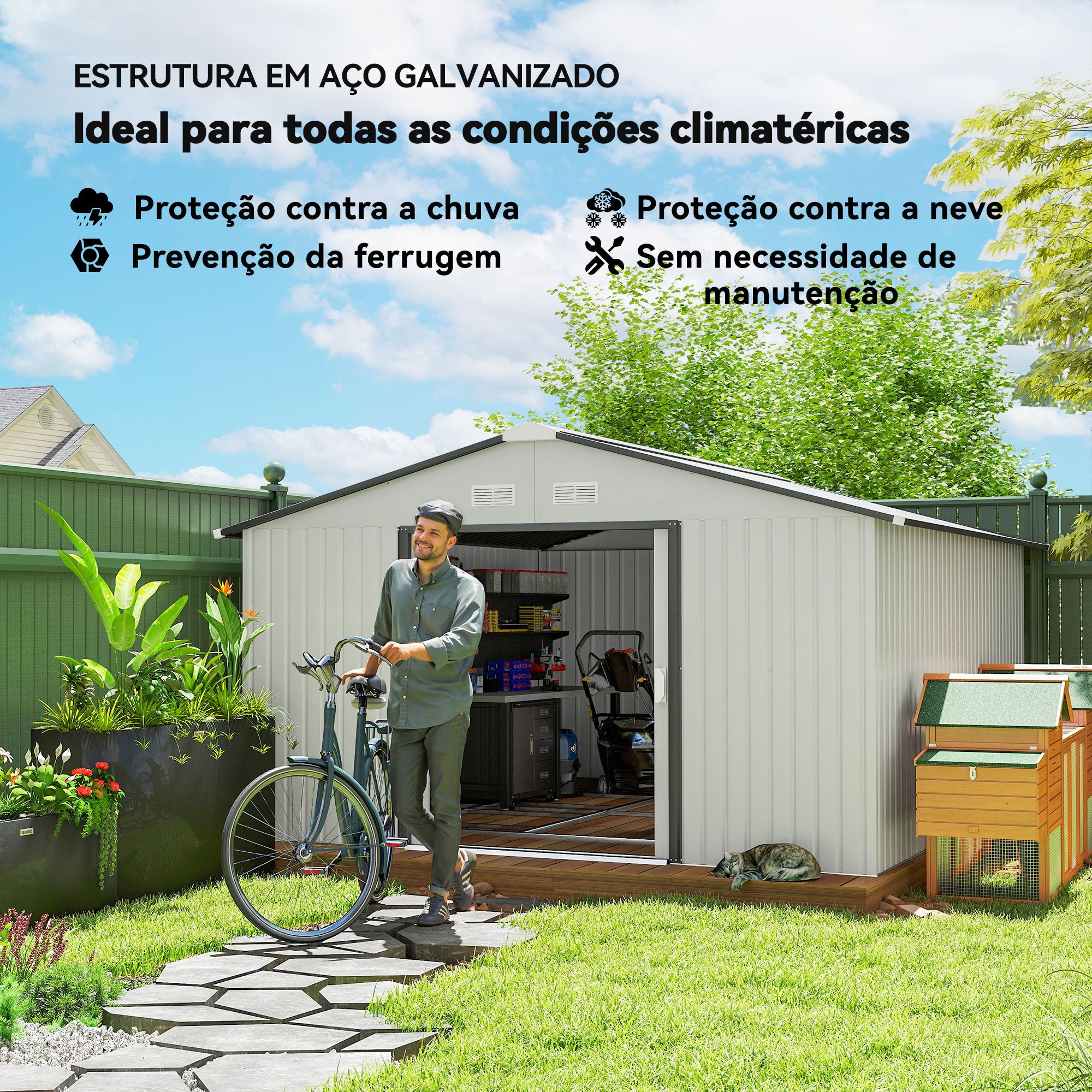 Abrigo de Jardim Metálico 340x386x200 cm - Branco e Cinza Escuro