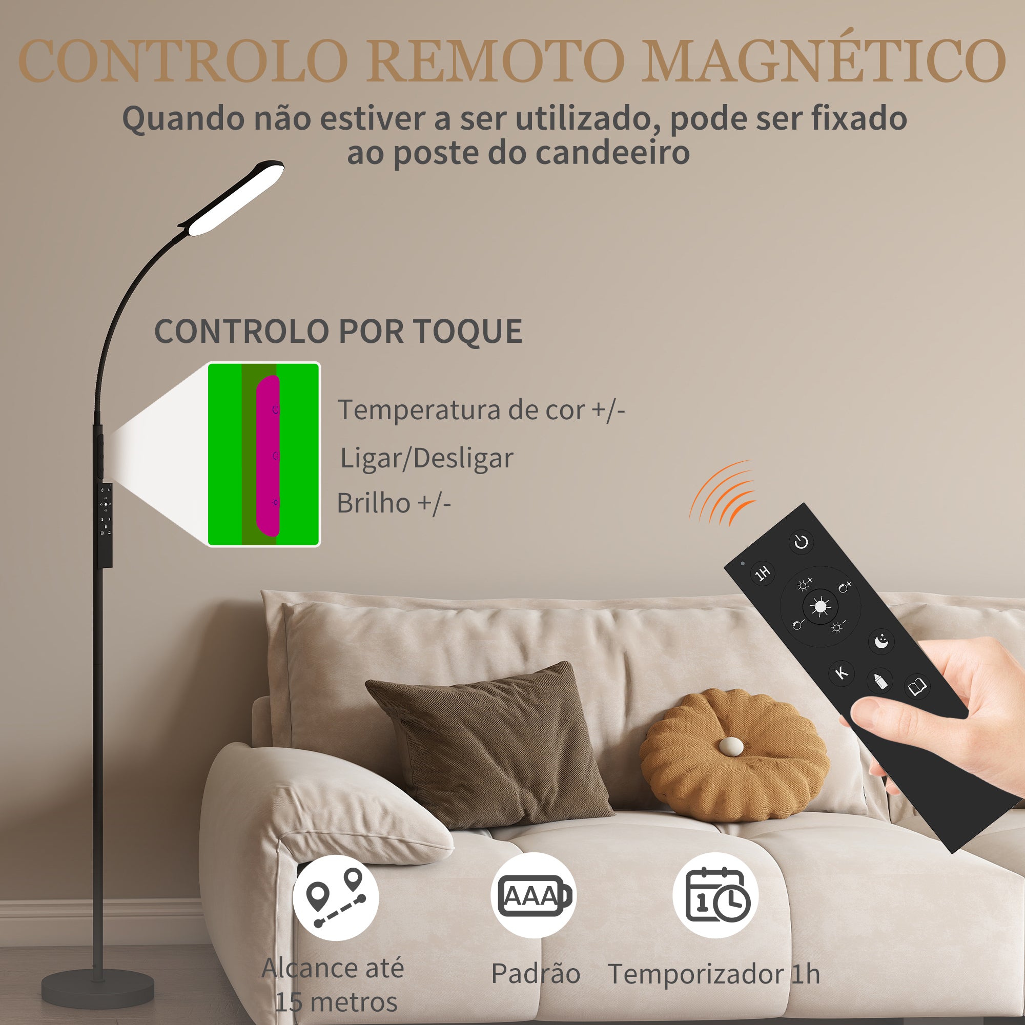 Candeeiro de Pé LED Regulável Ø22x175 cm - Cor Preto