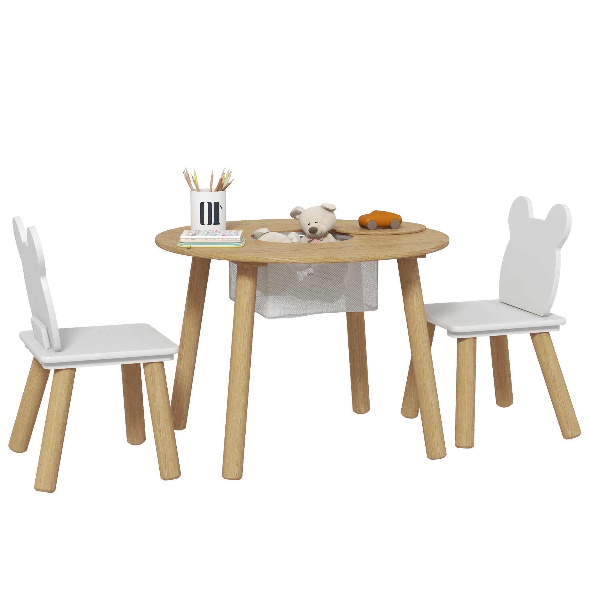 Conjunto Mesa e Cadeiras Infantis Ø60x44 cm - Madeira e Branco