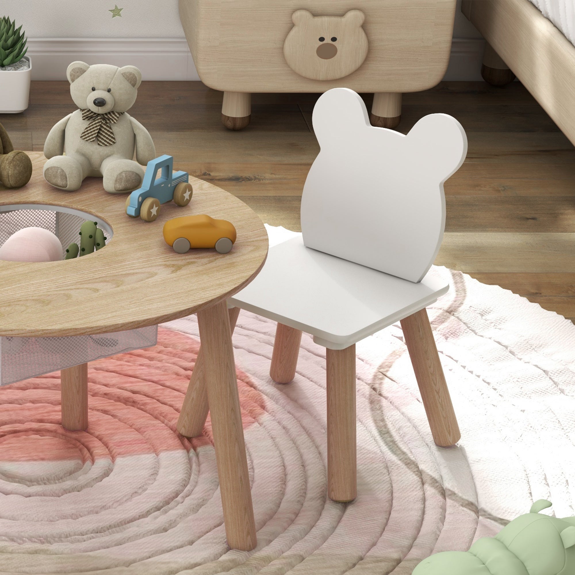 Conjunto Mesa e Cadeiras Infantis Ø60x44 cm - Madeira e Branco