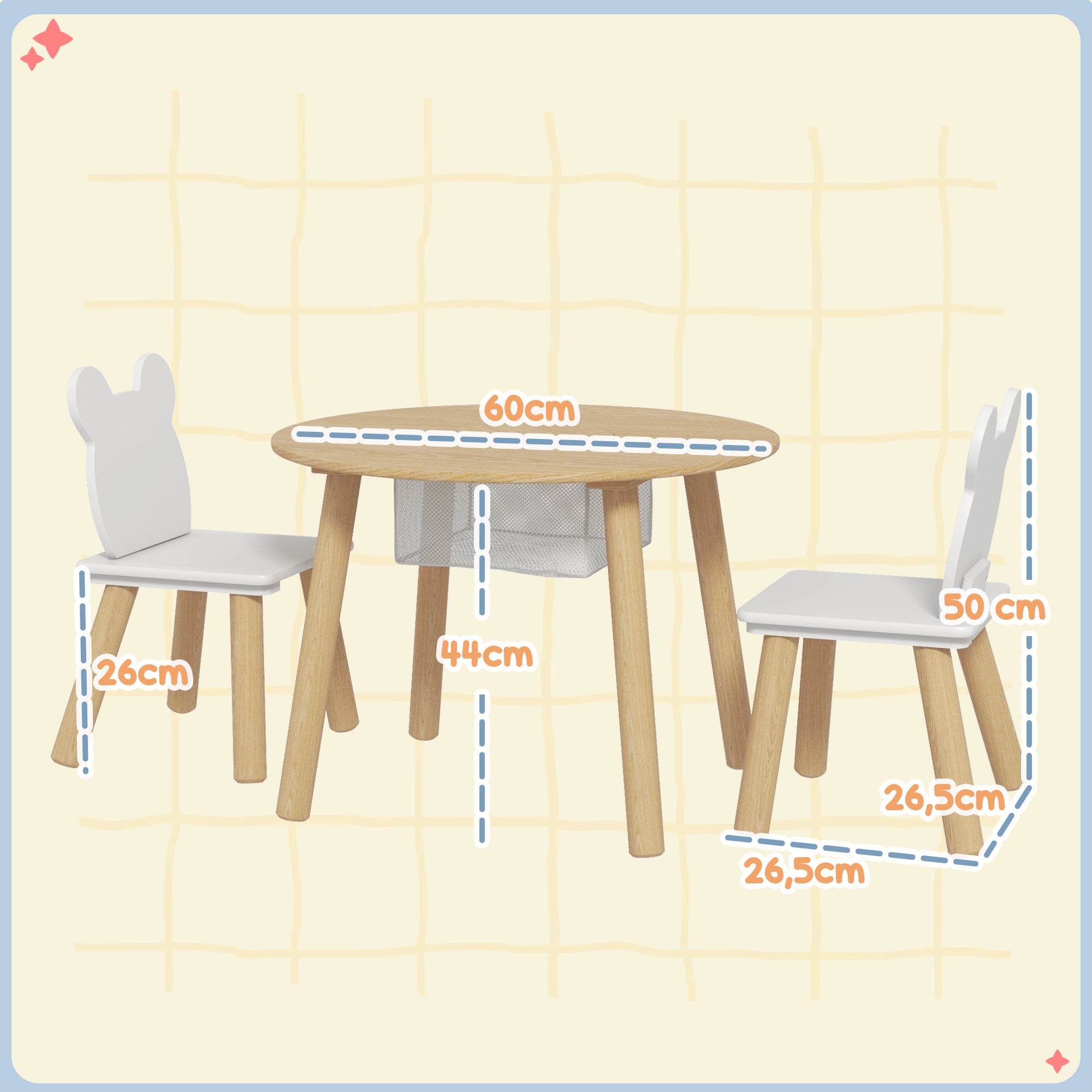 Conjunto Mesa e Cadeiras Infantis Ø60x44 cm - Madeira e Branco