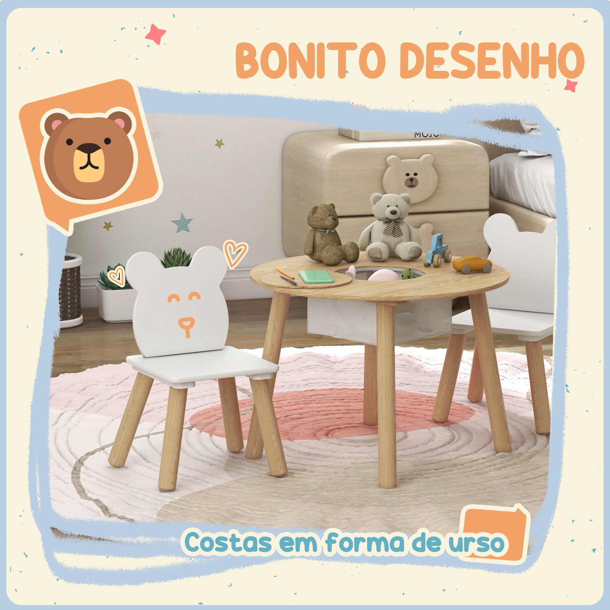 Conjunto Mesa e Cadeiras Infantis Ø60x44 cm - Madeira e Branco