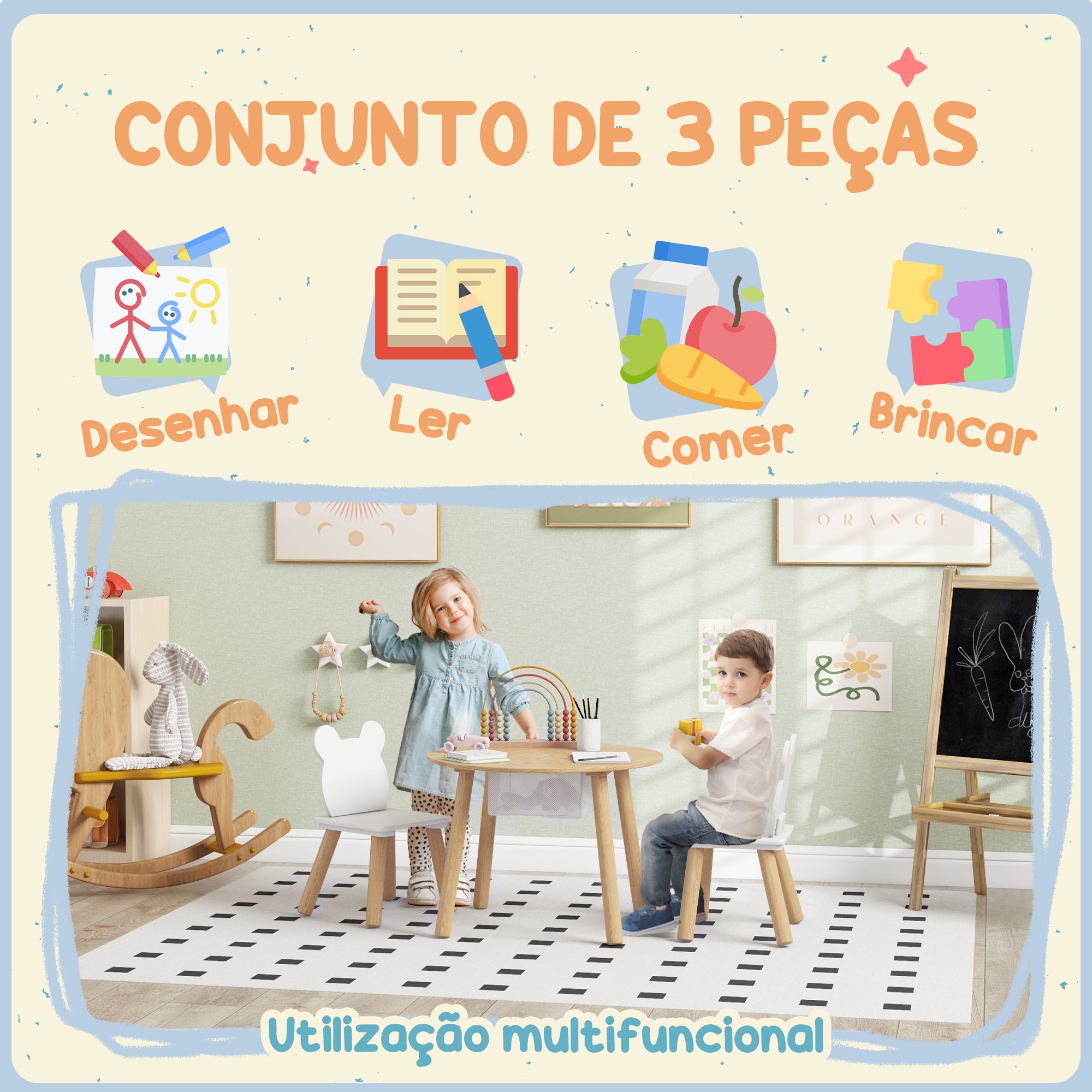 Conjunto Mesa e Cadeiras Infantis Ø60x44 cm - Madeira e Branco