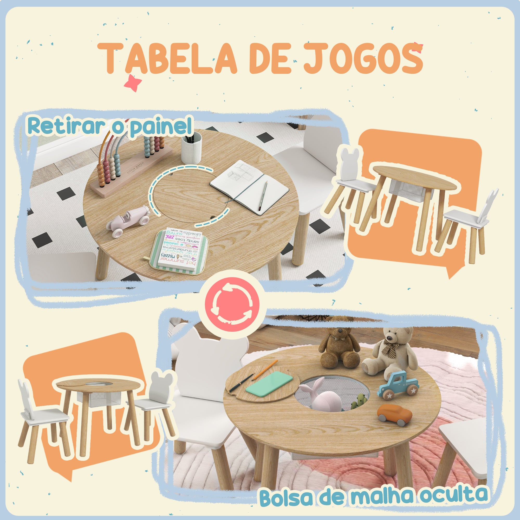 Conjunto Mesa e Cadeiras Infantis Ø60x44 cm - Madeira e Branco