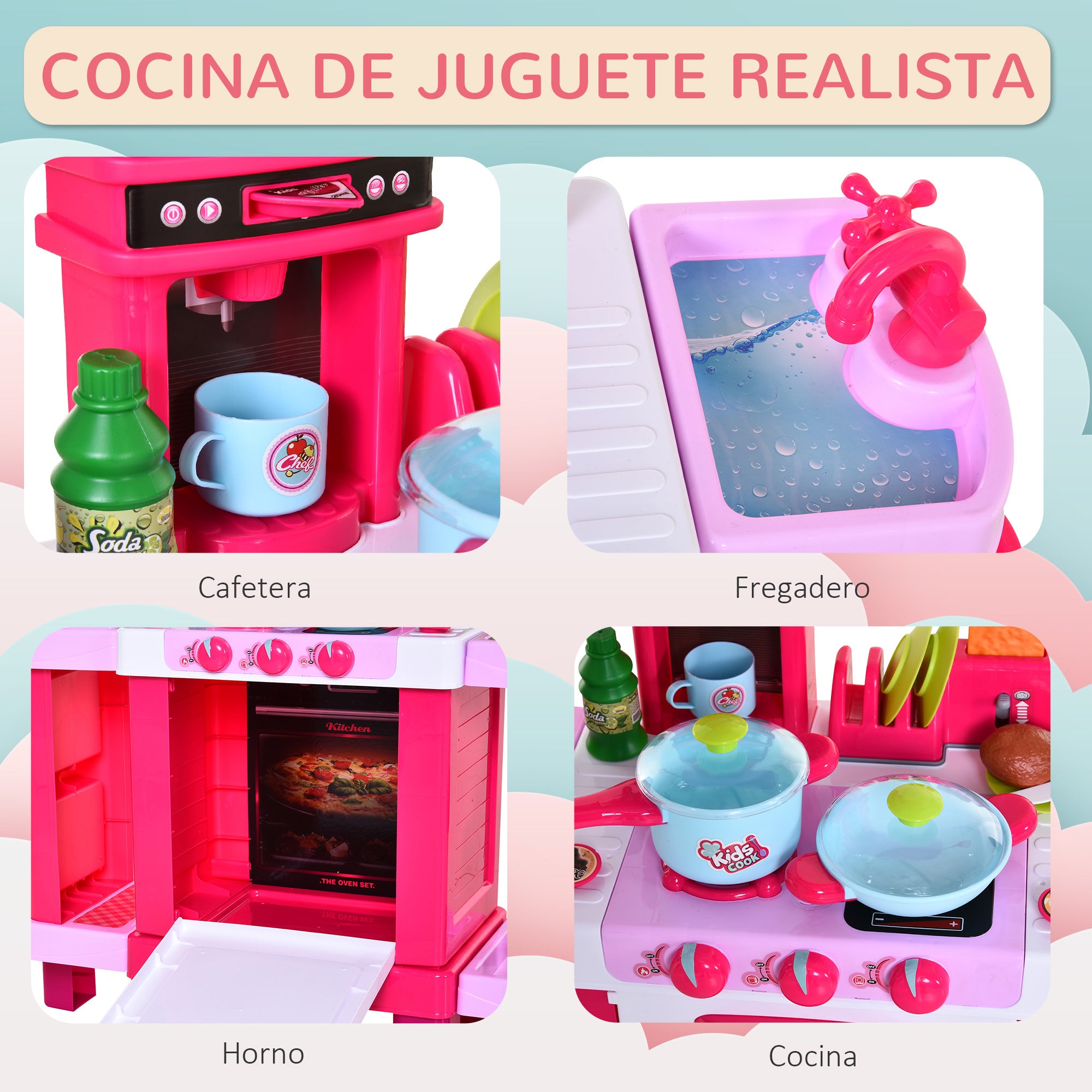 Cozinha Infantil 78x29x87 cm Rosa com Luz e Som - Conjunto de 38 Acessórios