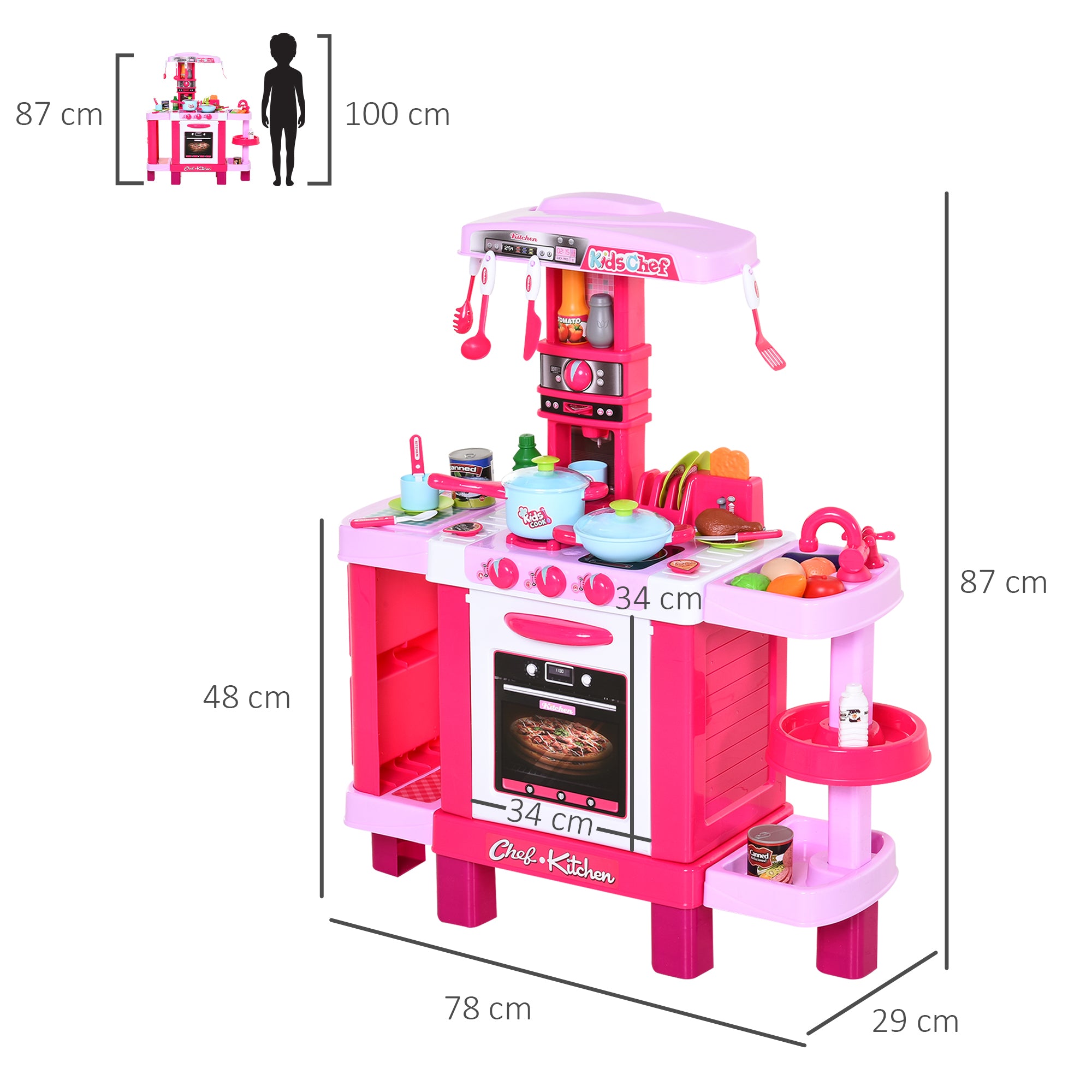 Cozinha Infantil 78x29x87 cm Rosa com Luz e Som - Conjunto de 38 Acessórios