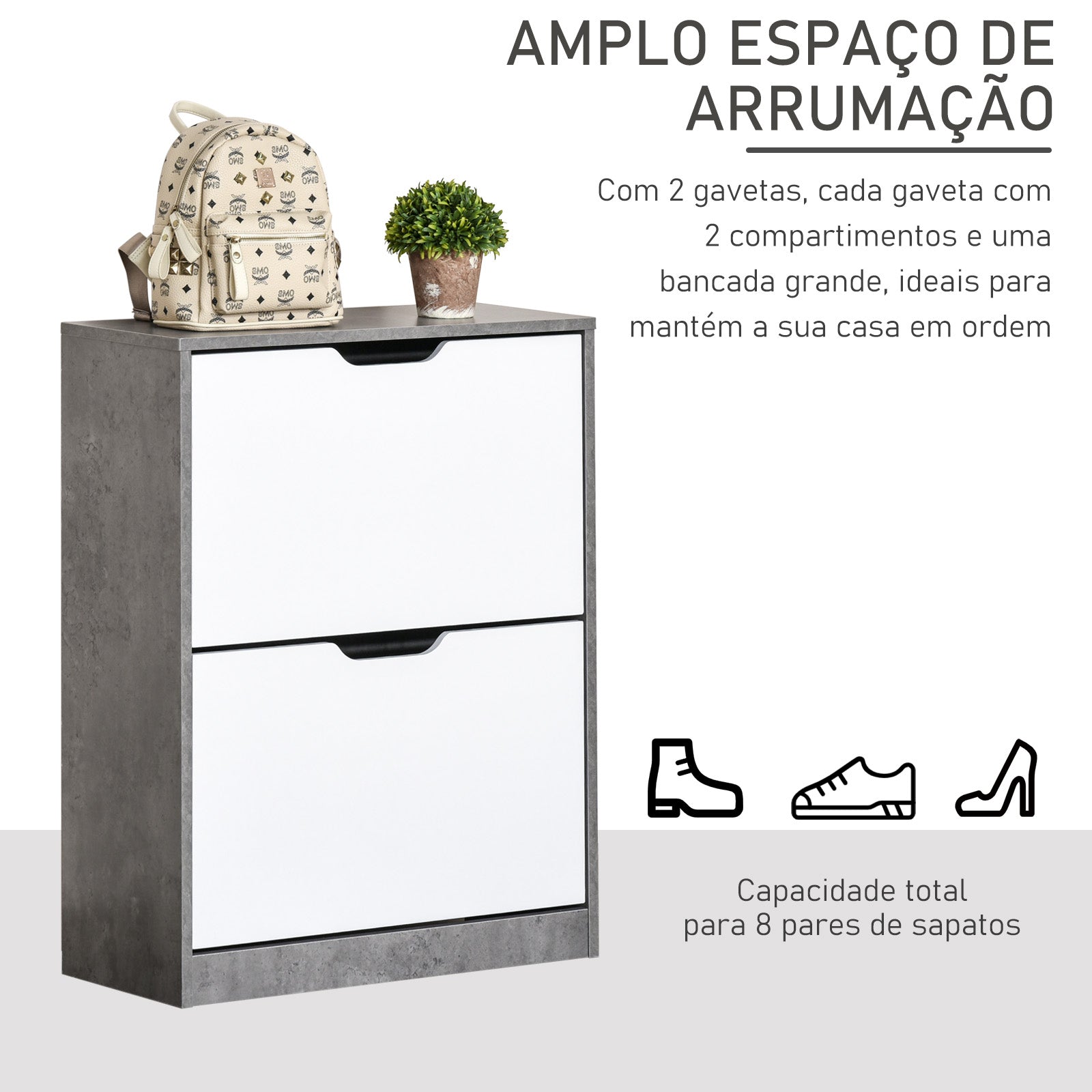 Sapateira Moderna Cinza e Branco 62,5x26x81 cm para 8 Pares de Sapatos