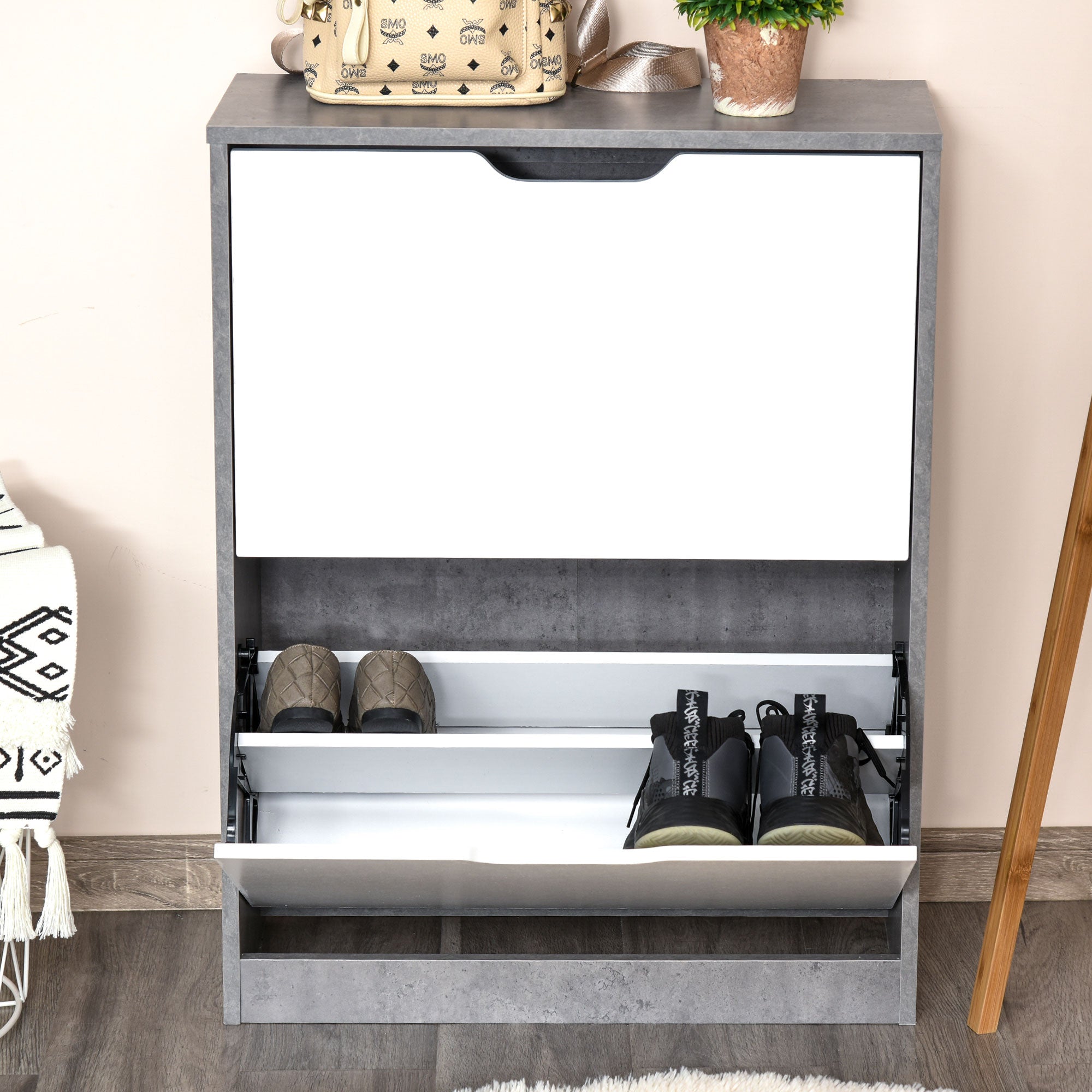 Sapateira Moderna Cinza e Branco 62,5x26x81 cm para 8 Pares de Sapatos