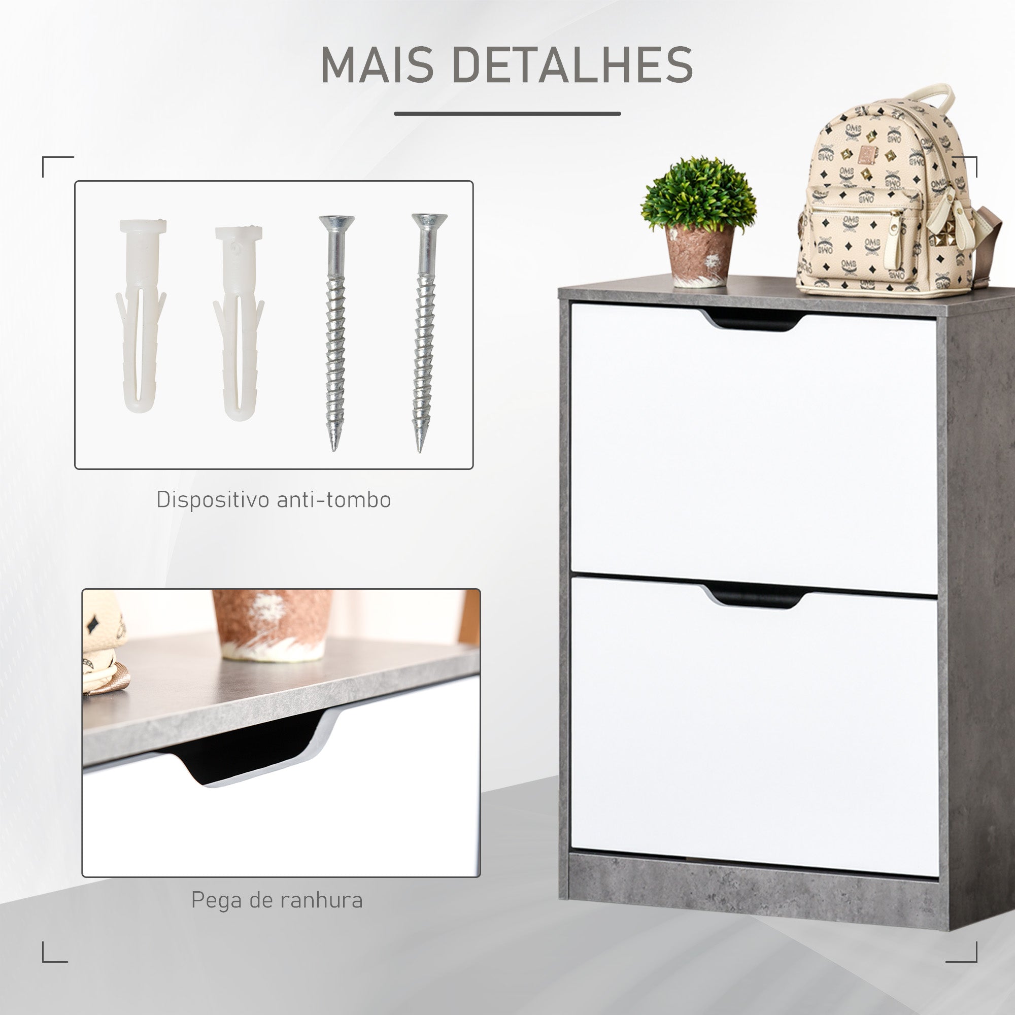 Sapateira Moderna Cinza e Branco 62,5x26x81 cm para 8 Pares de Sapatos