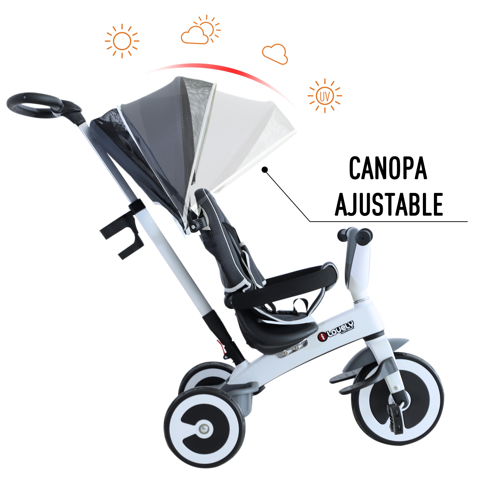 Triciclo 4 em 1 Evolutivo Cinzento 115x54x96 cm para Crianças +18 Meses