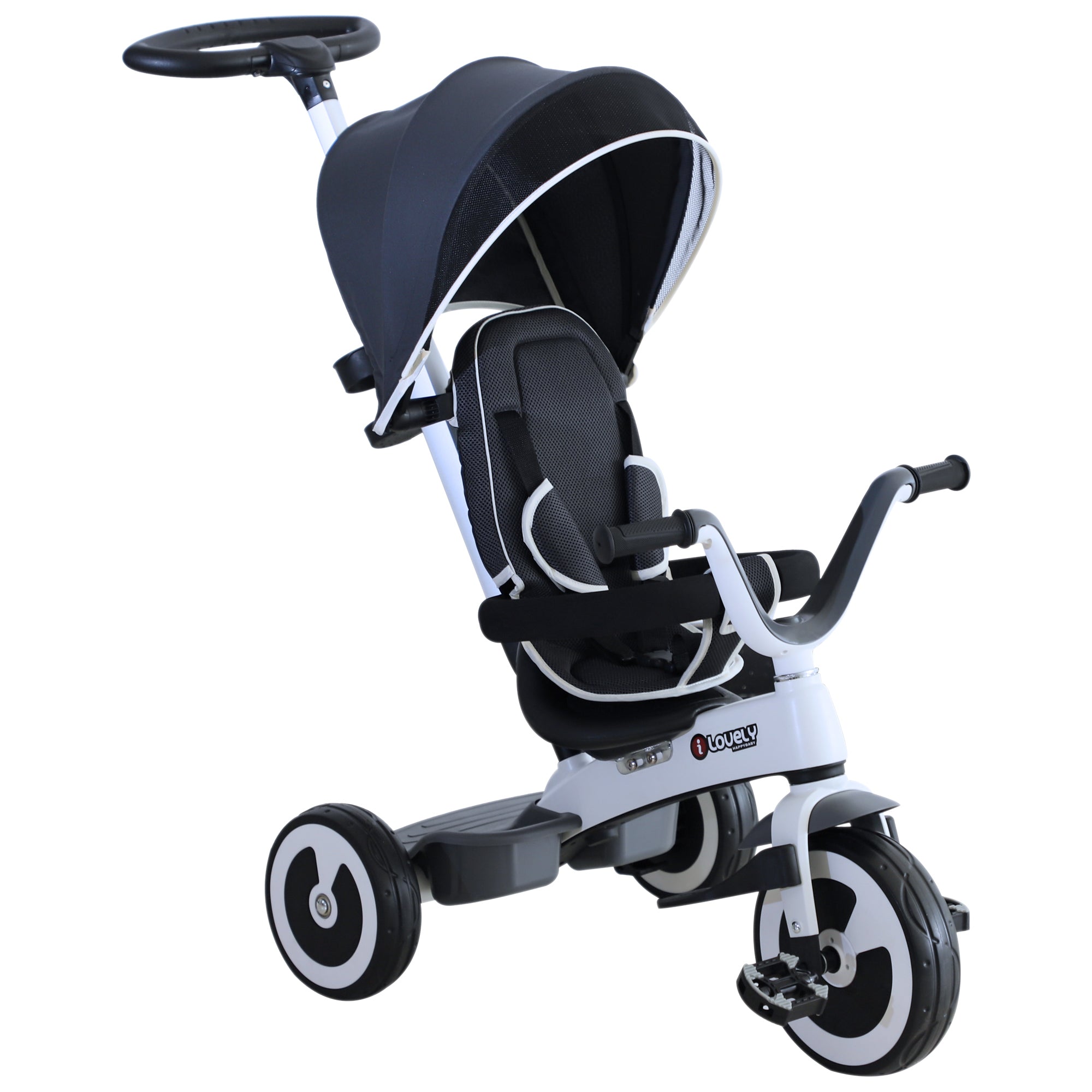 Triciclo 4 em 1 Evolutivo Cinzento 115x54x96 cm para Crianças +18 Meses
