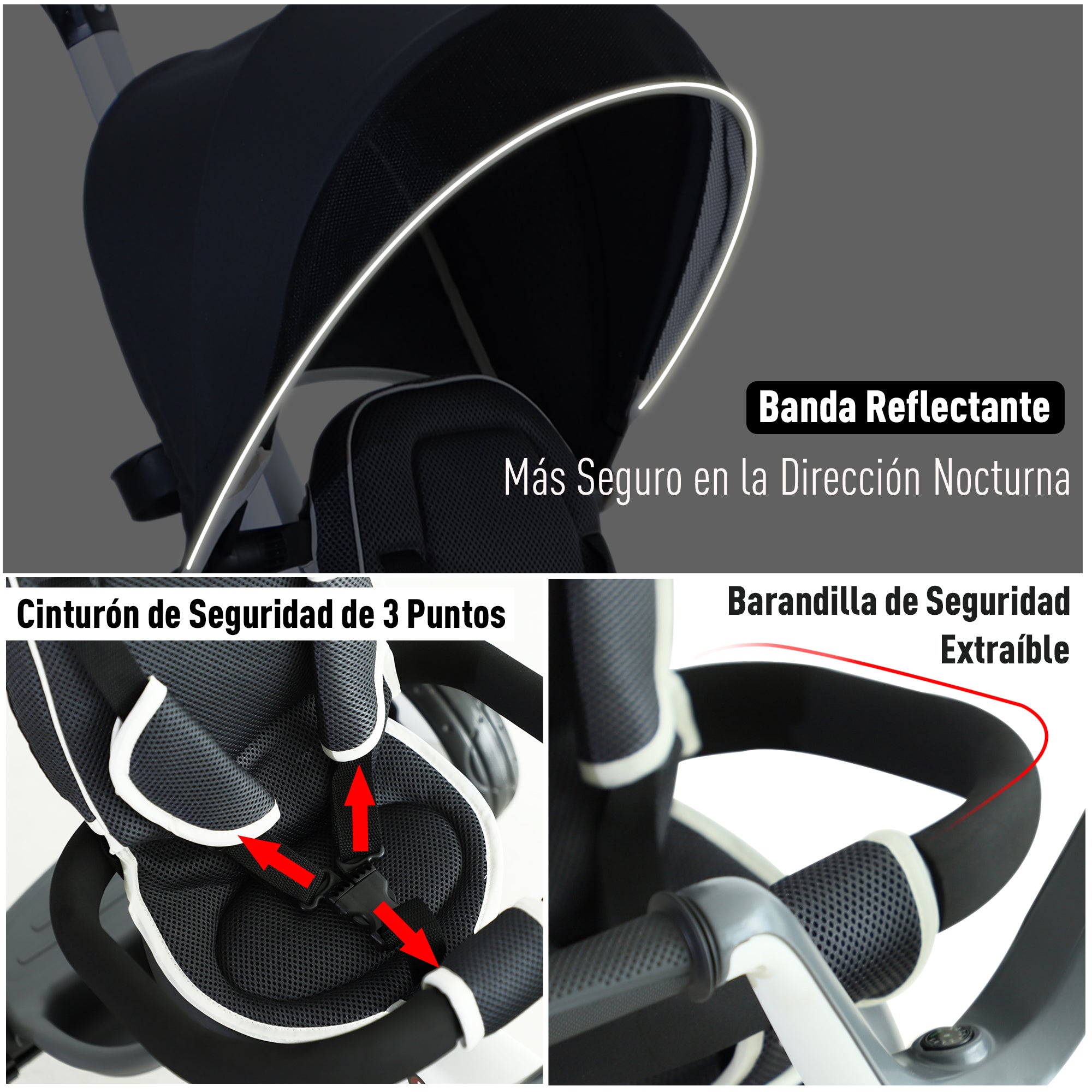Triciclo 4 em 1 Evolutivo Cinzento 115x54x96 cm para Crianças +18 Meses
