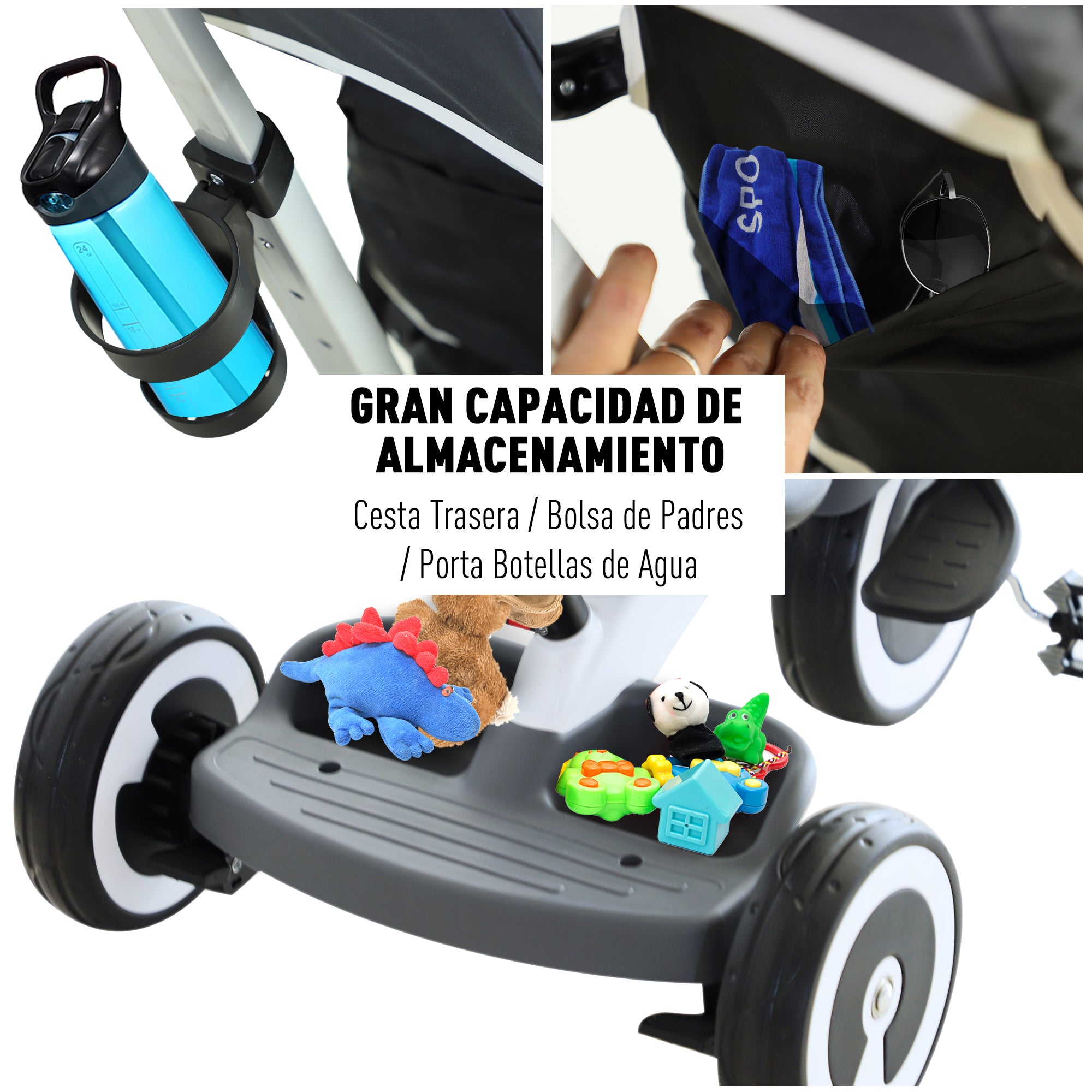 Triciclo 4 em 1 Evolutivo Cinzento 115x54x96 cm para Crianças +18 Meses