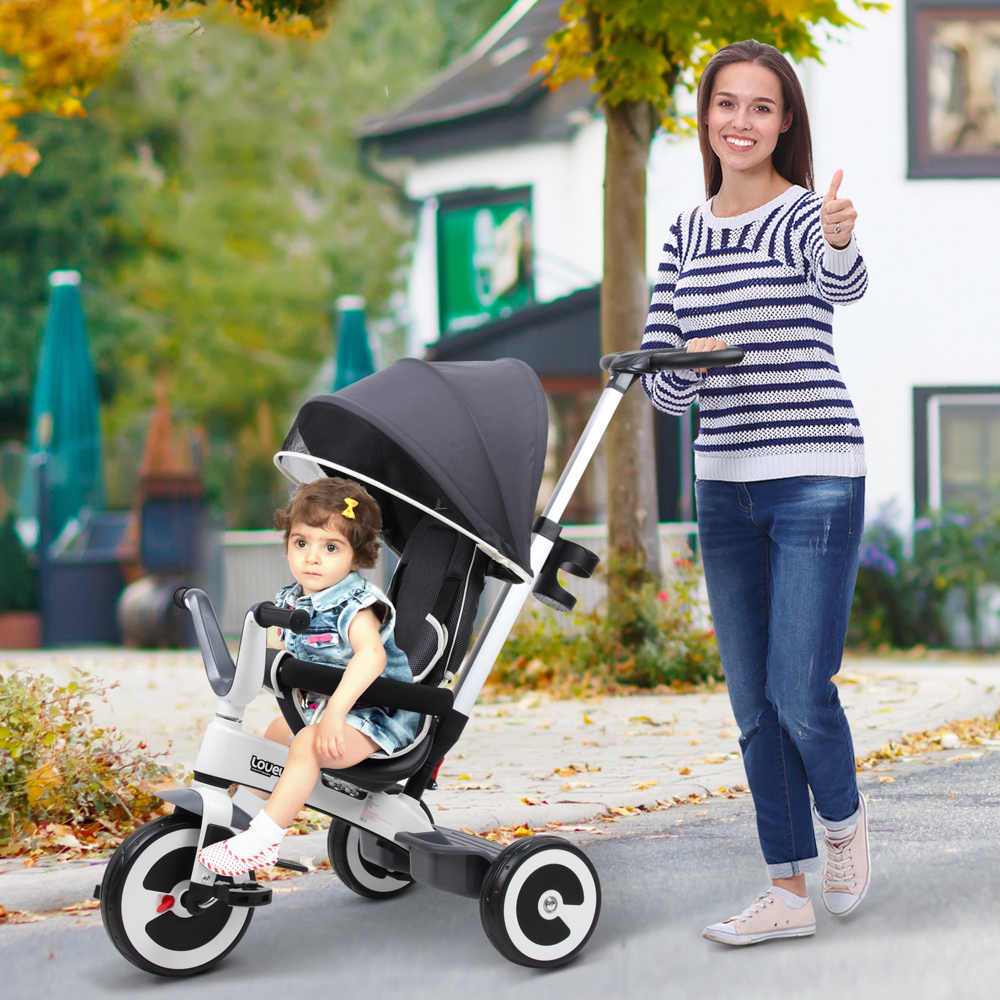 Triciclo 4 em 1 Evolutivo Cinzento 115x54x96 cm para Crianças +18 Meses