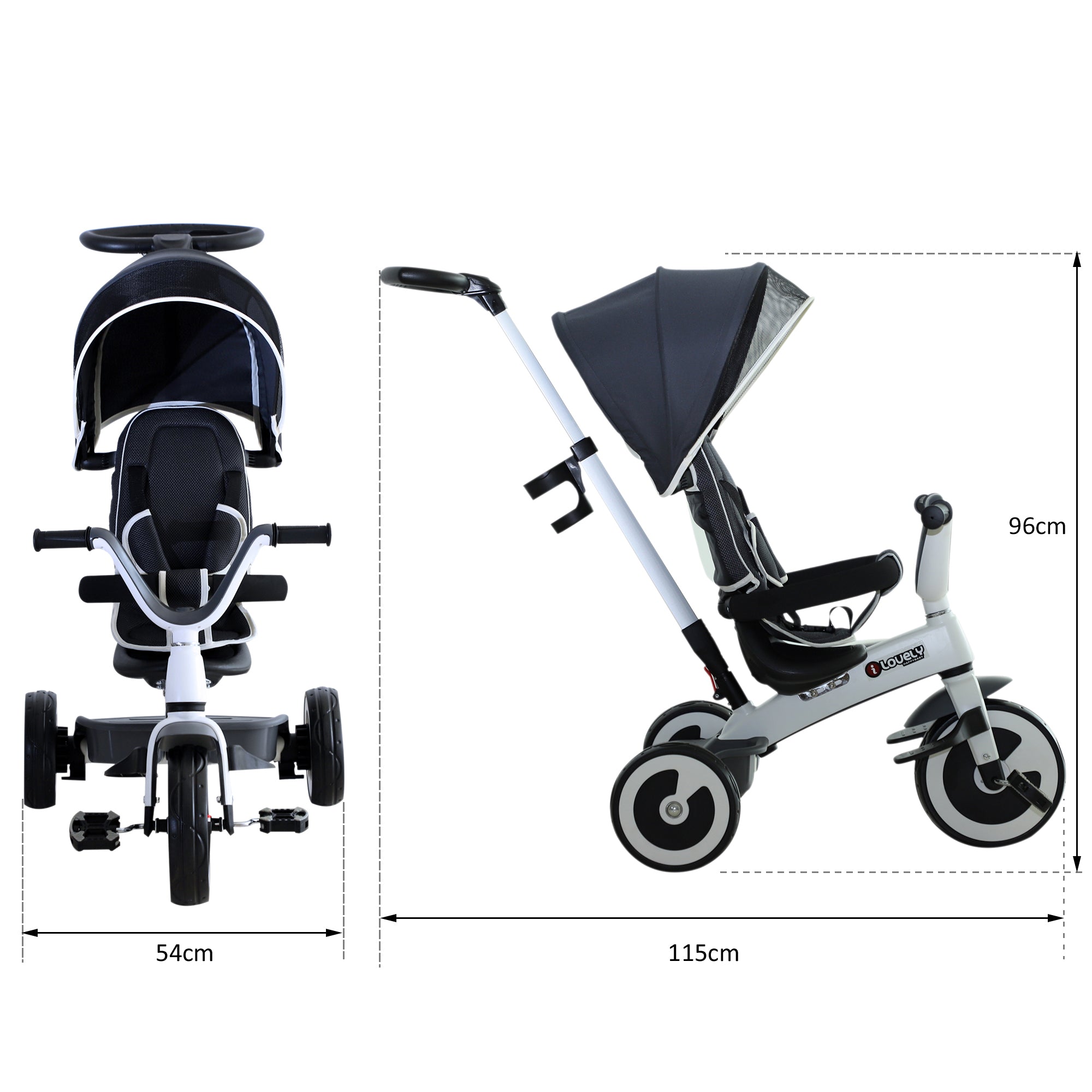Triciclo 4 em 1 Evolutivo Cinzento 115x54x96 cm para Crianças +18 Meses
