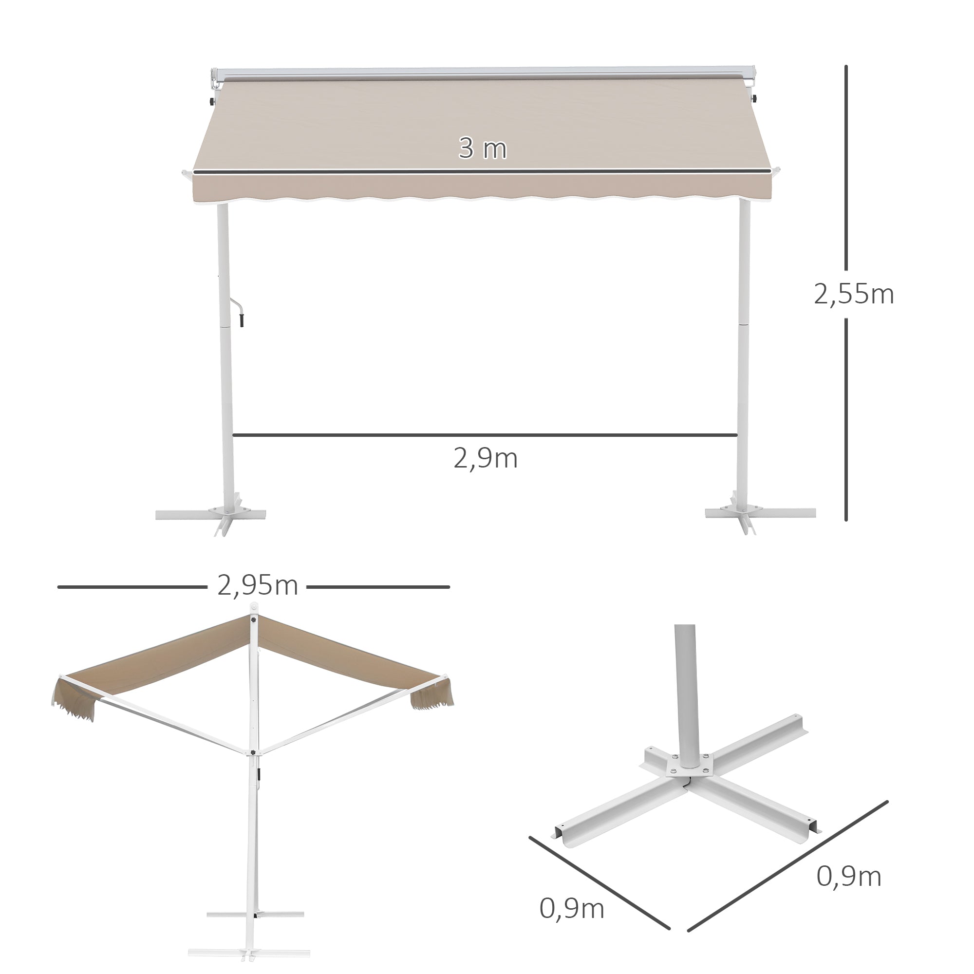 Toldo 300x295x255 cm Bege com Manivela Ângulo Ajustável
