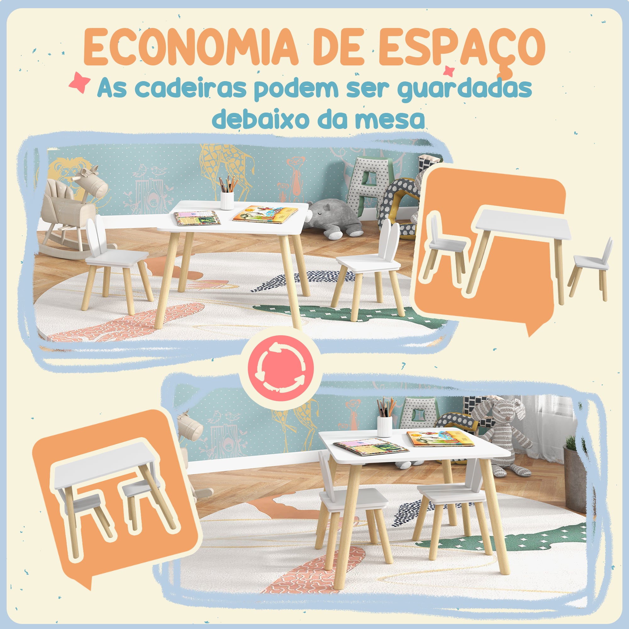 Conjunto de Mesa Infantil e 2 Cadeiras Branco 60x60x44 cm