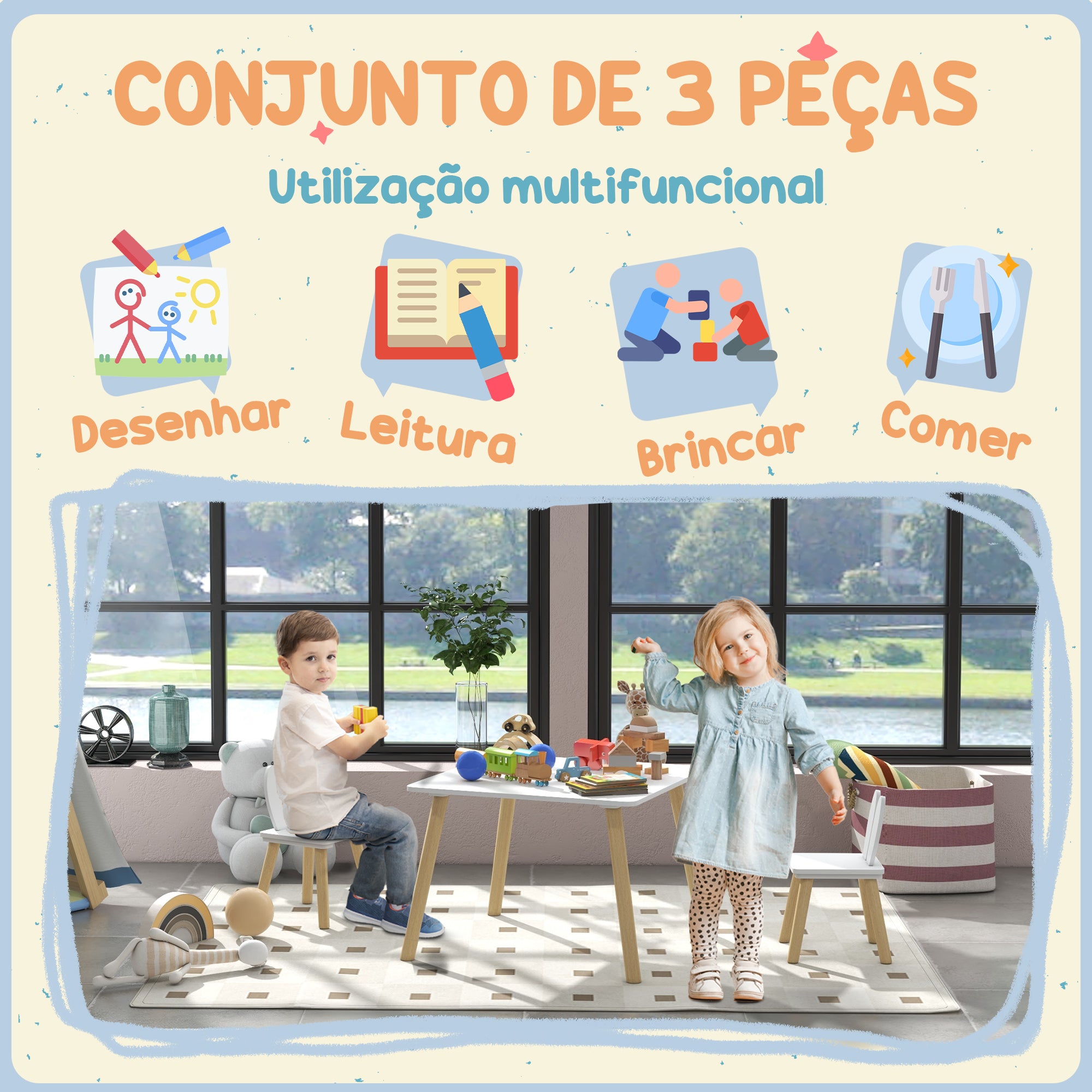 Conjunto de Mesa Infantil e 2 Cadeiras Branco 60x60x44 cm