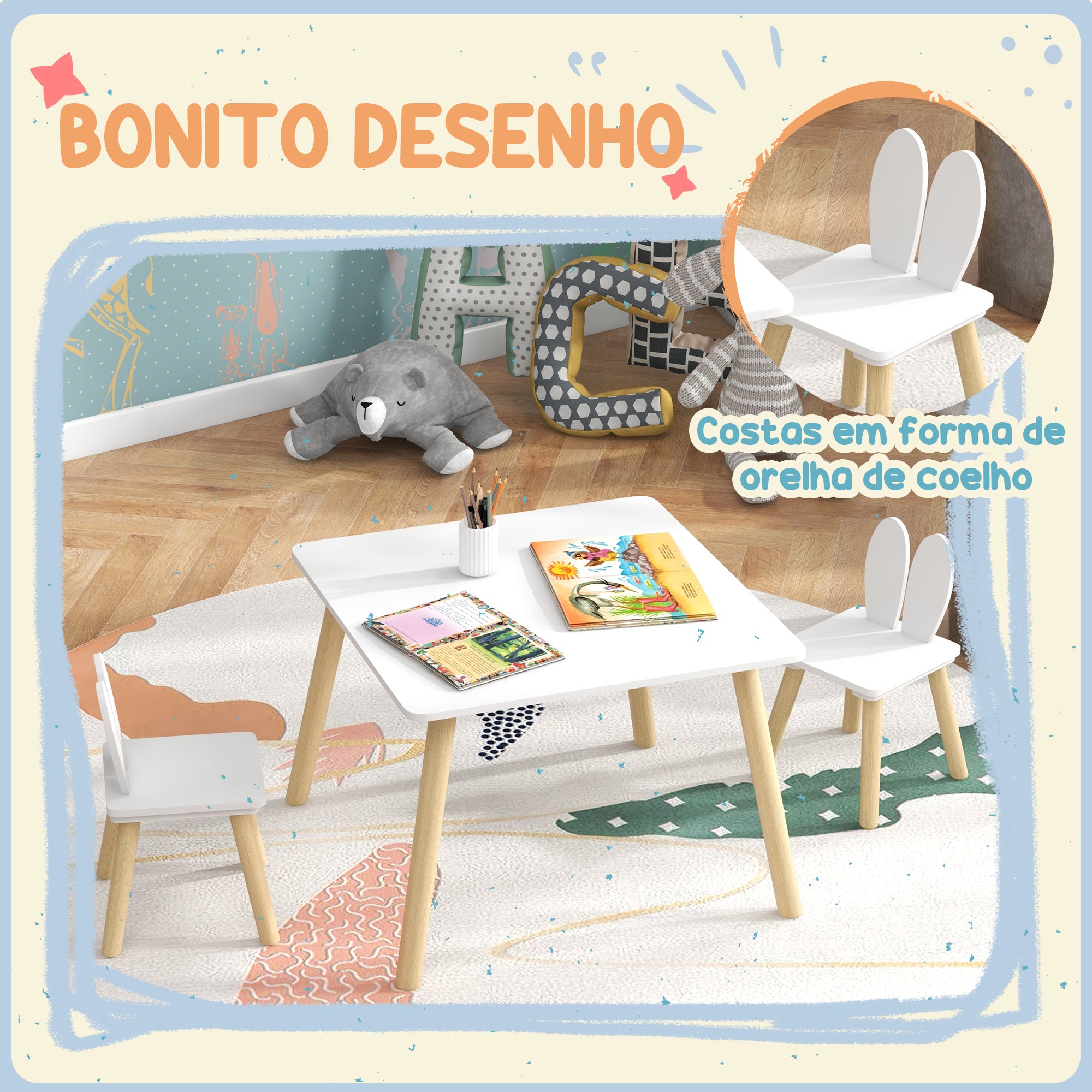 Conjunto de Mesa Infantil e 2 Cadeiras Branco 60x60x44 cm