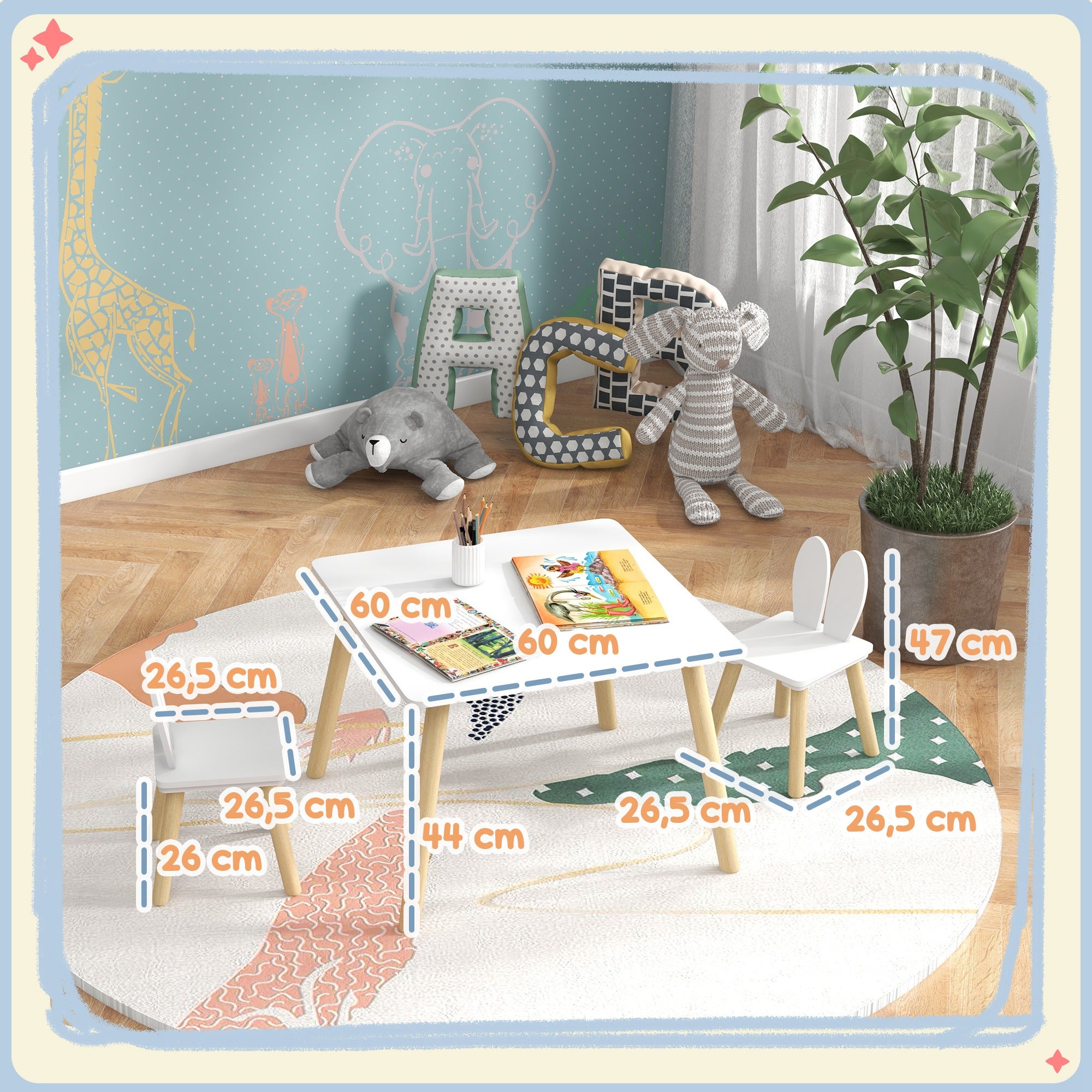 Conjunto de Mesa Infantil e 2 Cadeiras Branco 60x60x44 cm