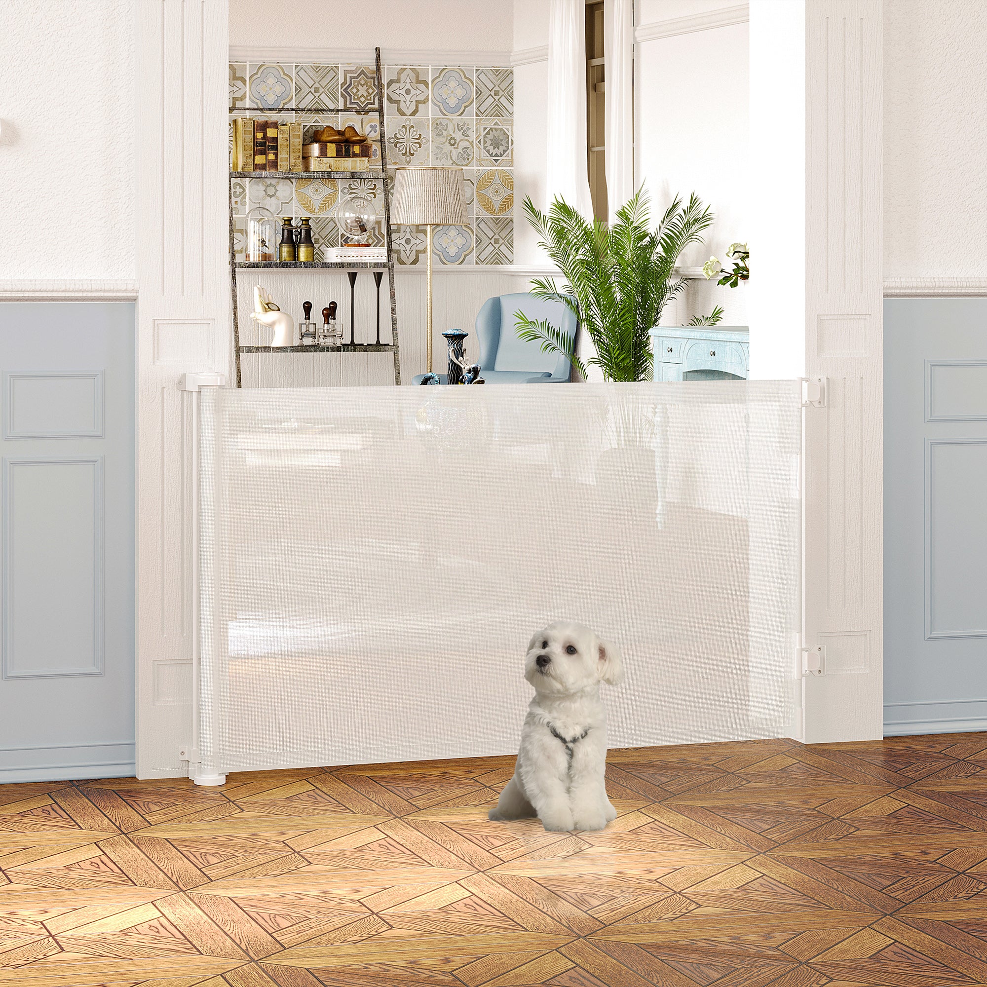 Barreira de Segurança para Cães Extensível Branco 165x10,7x85cm