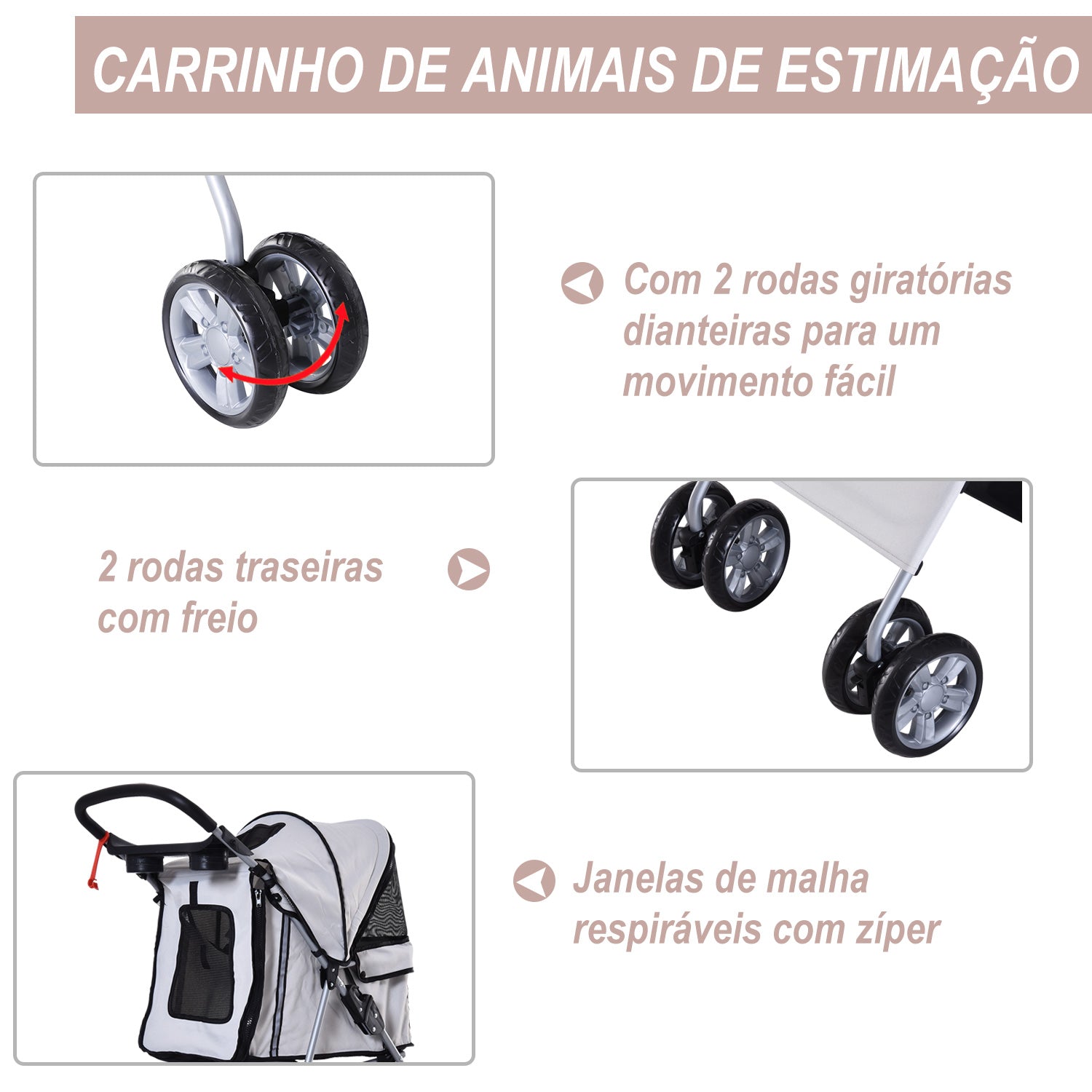 Carrinho de Passeio para Animais de Estimação 75x45x97cm Cinza