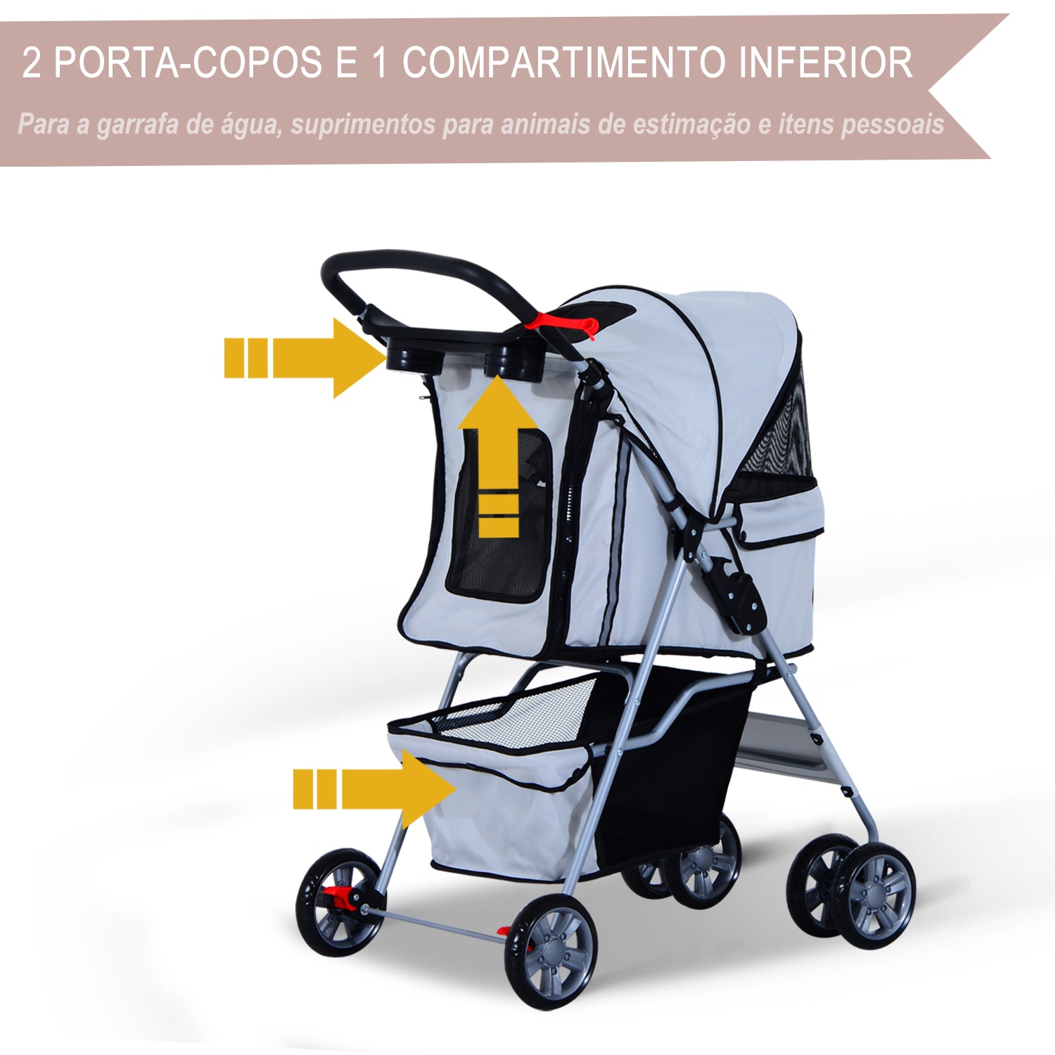 Carrinho de Passeio para Animais de Estimação 75x45x97cm Cinza