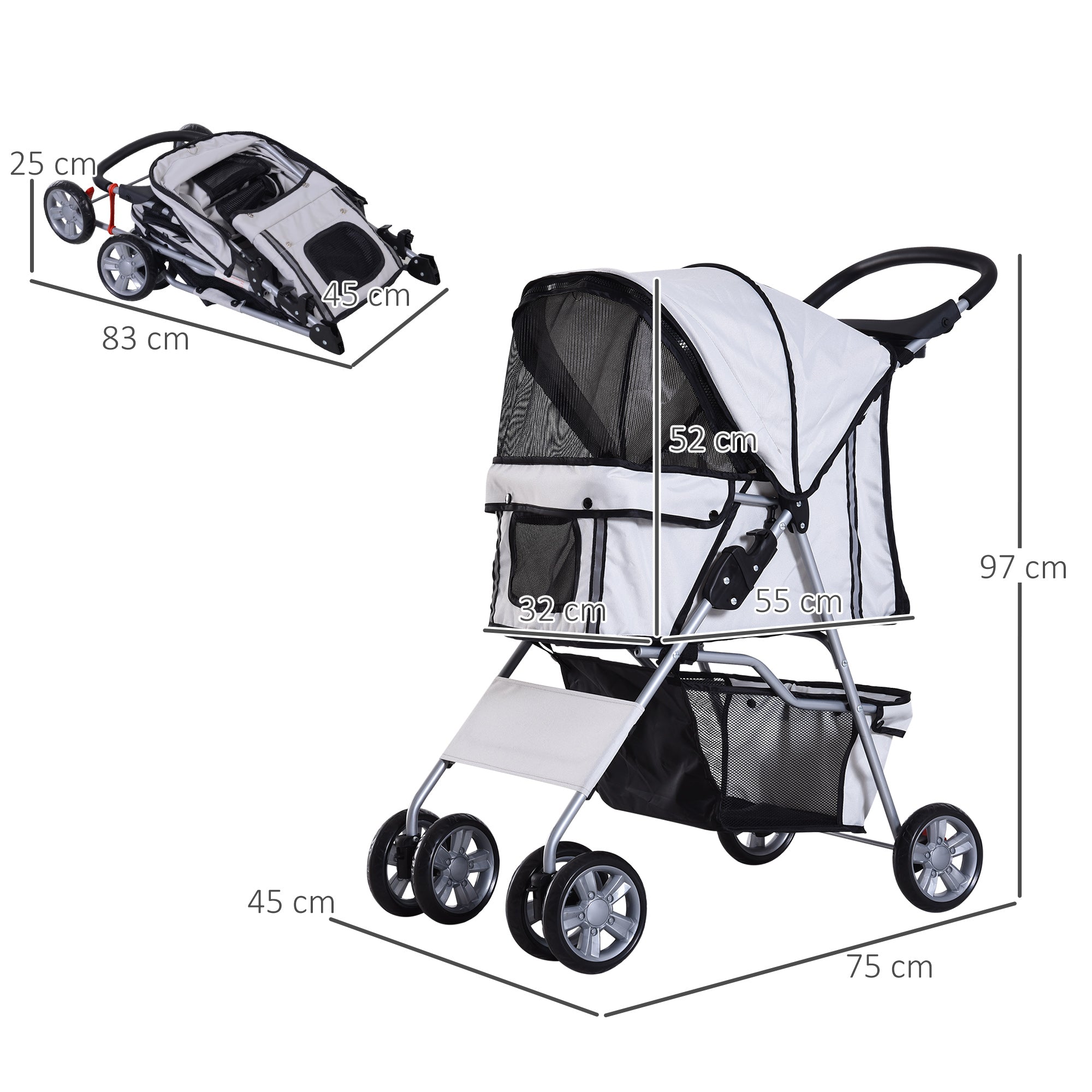 Carrinho de Passeio para Animais de Estimação 75x45x97cm Cinza
