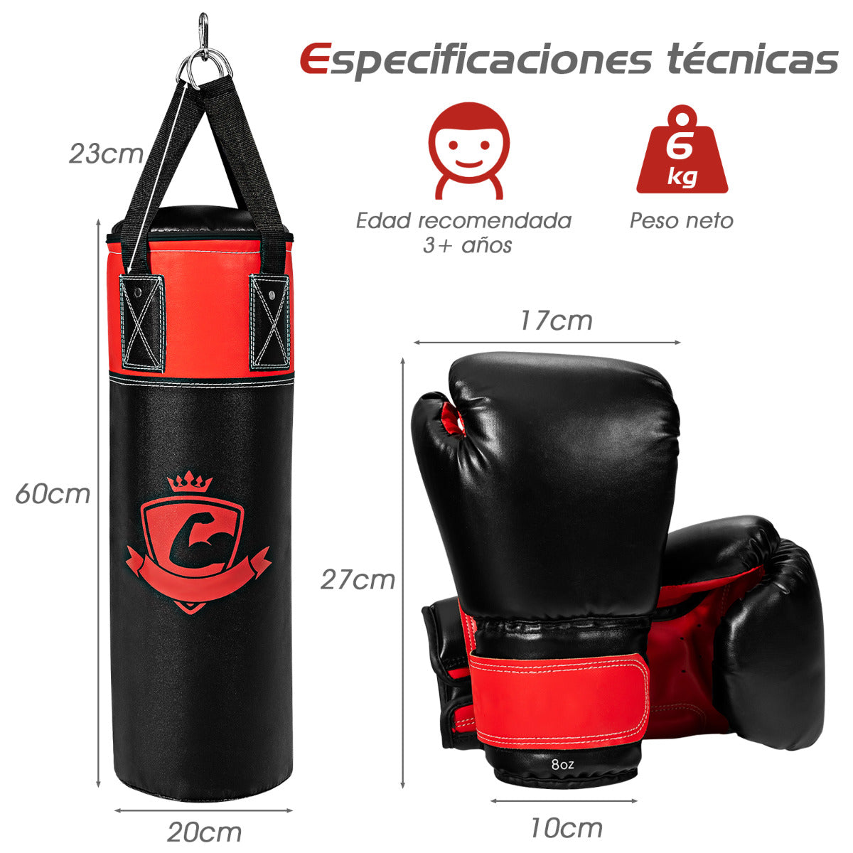 Conjunto de Saco de Boxe Pendurado 60 cm – Preto – Couro Sintético, Tecido de Poliéster, Espuma EPE, Enchimento Reciclado