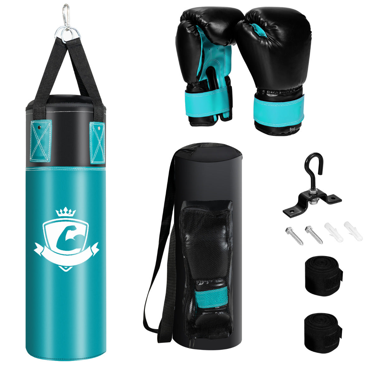 Conjunto de Saco de Boxe Pendurado 60 cm – Verde – PVC semelhante a couro, poliéster, espuma EPE e enchimento reciclado