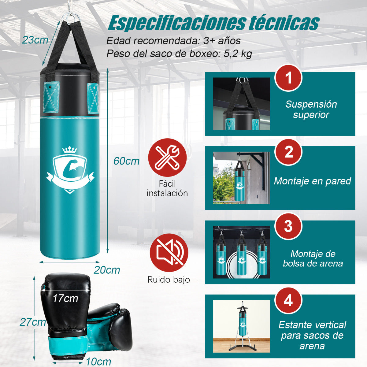 Conjunto de Saco de Boxe Pendurado 60 cm – Verde – PVC semelhante a couro, poliéster, espuma EPE e enchimento reciclado