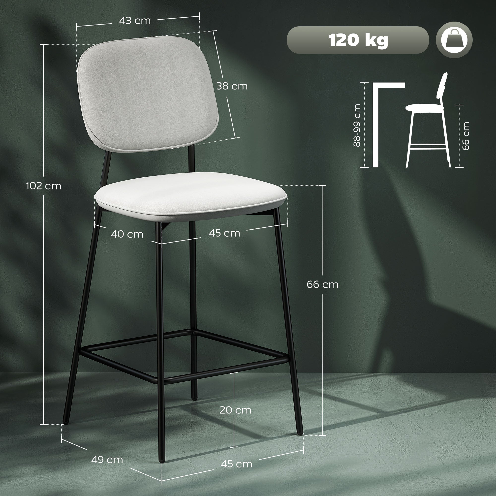 Bancos Altos de Cozinha em Veludo Cinza Claro 45x49x102 cm