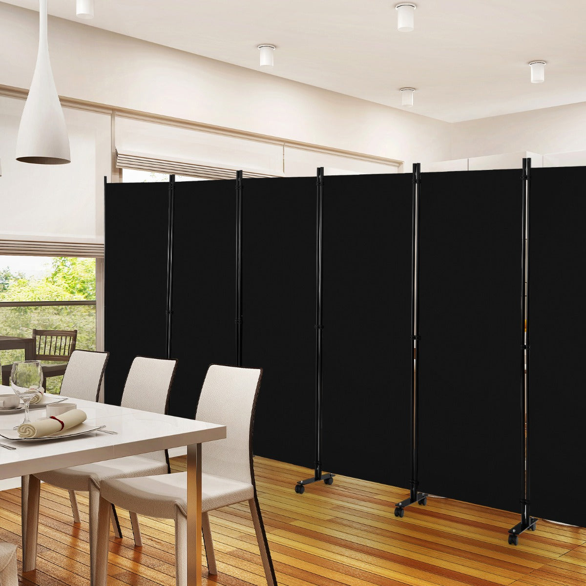 Biombo de 6 Paneles Separador de Ambientes Plegável com Rodas Bloqueáveis para Sala e Quarto 334,5 x 30 x 172 cm Preto