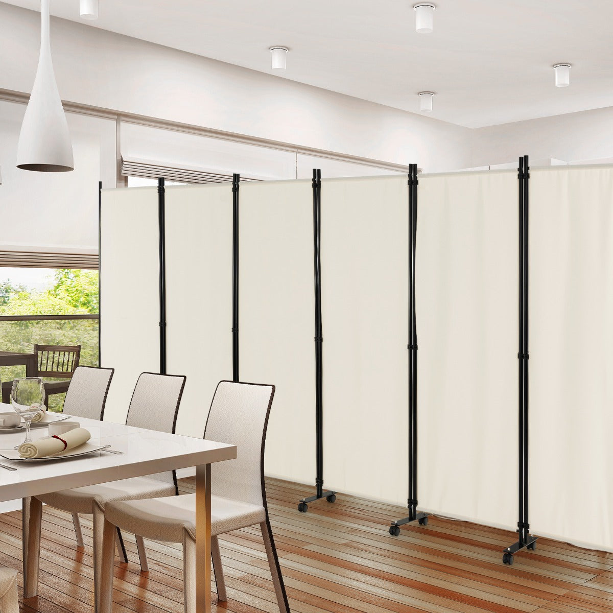 Biombo de 6 Paneles Separador de Ambientes Plegável com Rodas Bloqueáveis 334,5 x 30 x 172 cm Bege