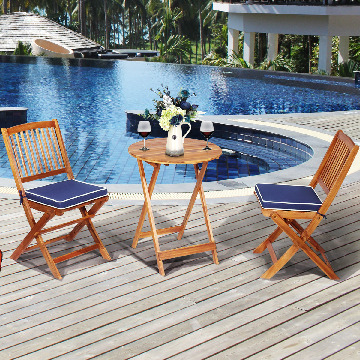 Conjunto de Mobiliário de Bistrô de 5 Peças – Mesa e 2 Cadeiras – Azul – Madeira de Acácia
