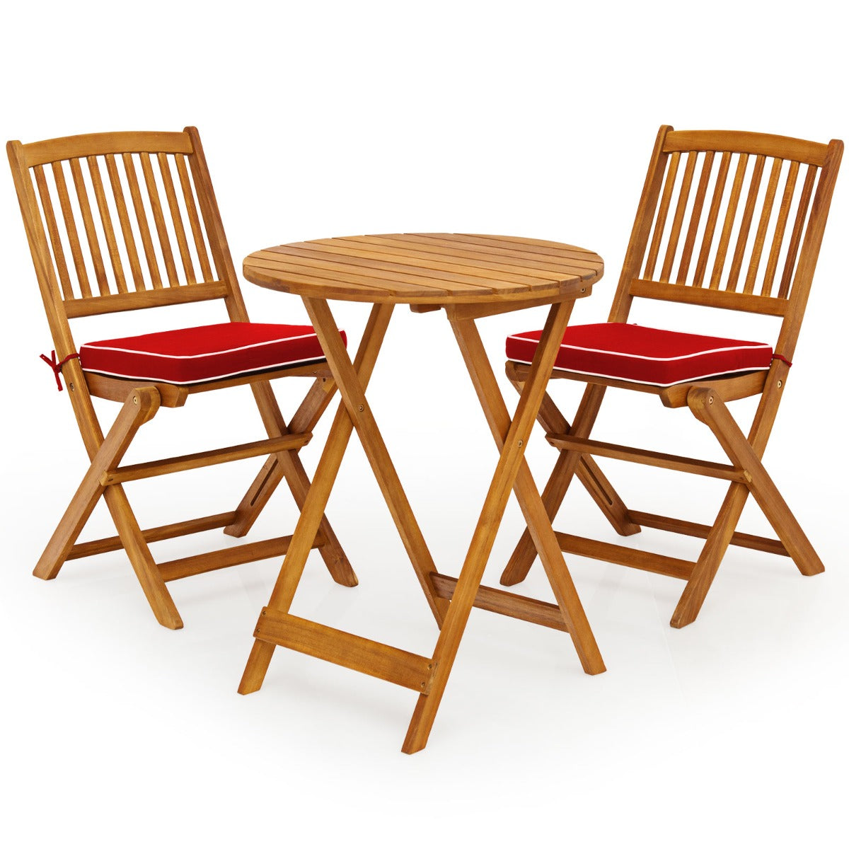 Conjunto de Mobiliário de Bistrô – 2 Cadeiras com Almofada e Mesa – Madeira de Acácia – Vermelho