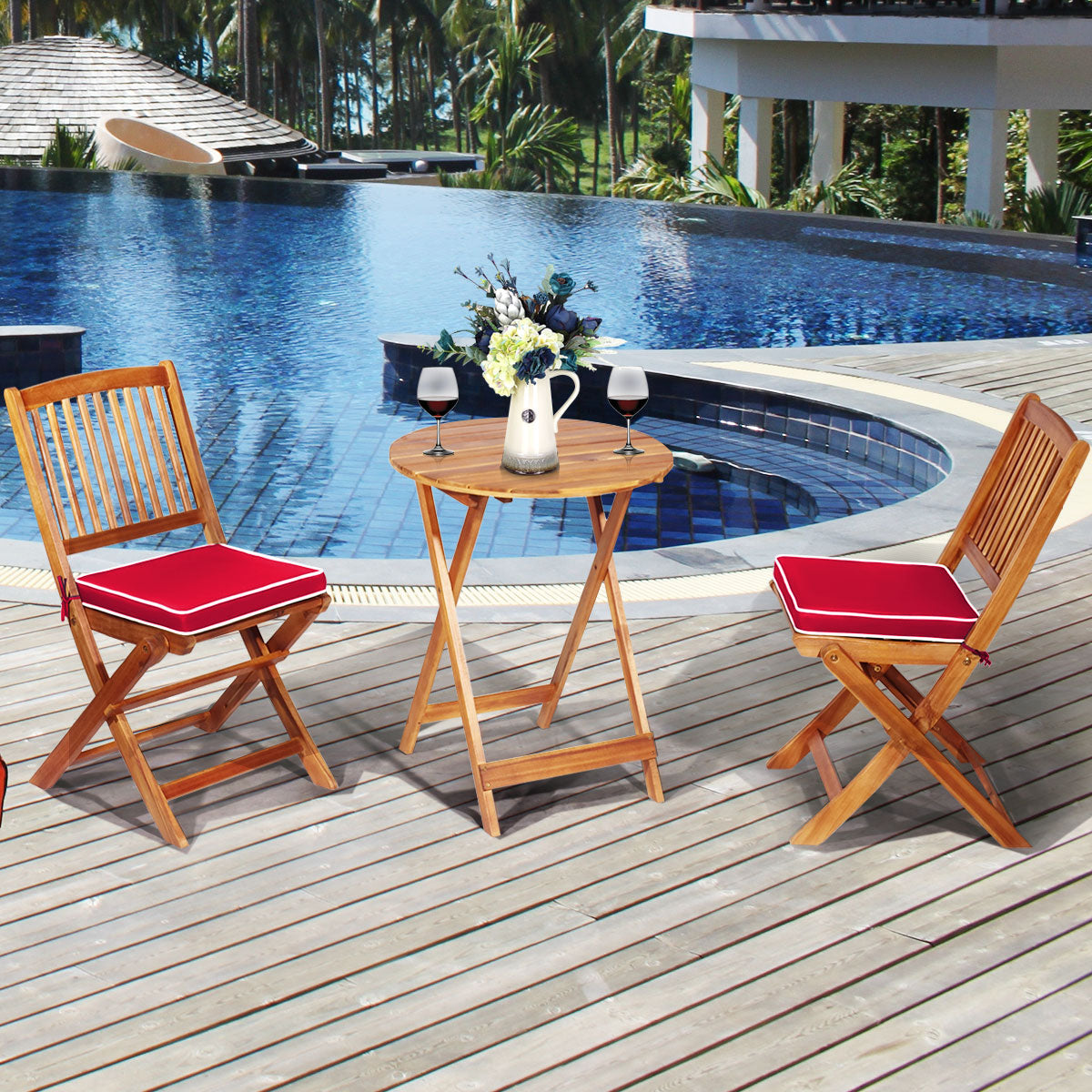 Conjunto de Mobiliário de Bistrô – 2 Cadeiras com Almofada e Mesa – Madeira de Acácia – Vermelho