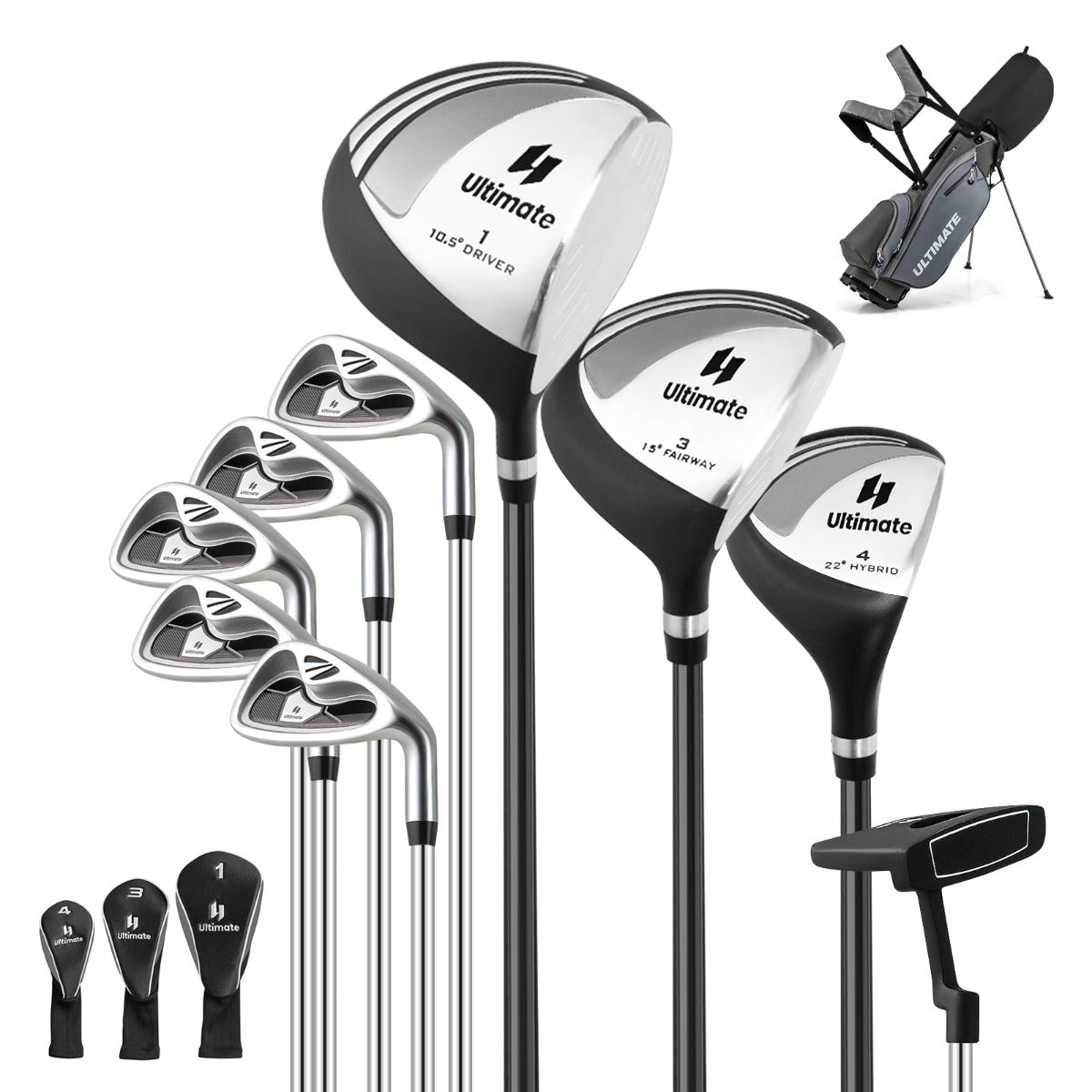 Conjunto de 9 Palos de Golf/Madeira de Fairway/Híbrido/Ferro 6 7 8 9 e Bolsa de Transporte para Homens Presente Perfeito para Golfistas Cinzento