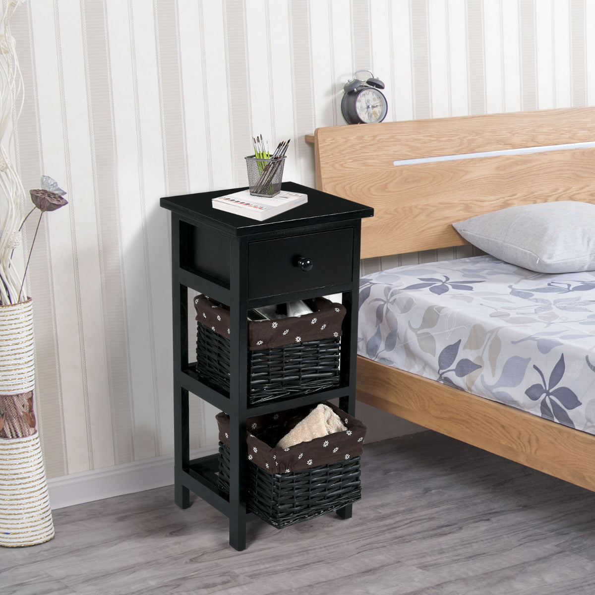 Conjunto de 2 Mesinhas de Cabeceira Modernas com 1 Gaveta e 2 Caixas Organizadoras para Casa Sala Quarto Preto 28 x 26 x 59,5 cm