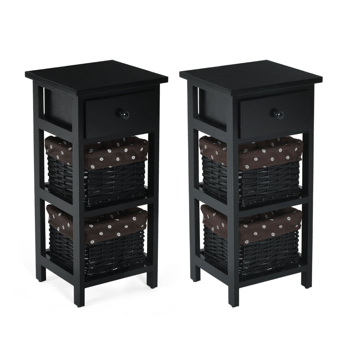 Conjunto de 2 Mesinhas de Cabeceira Modernas com 1 Gaveta e 2 Caixas Organizadoras para Casa Sala Quarto Preto 28 x 26 x 59,5 cm
