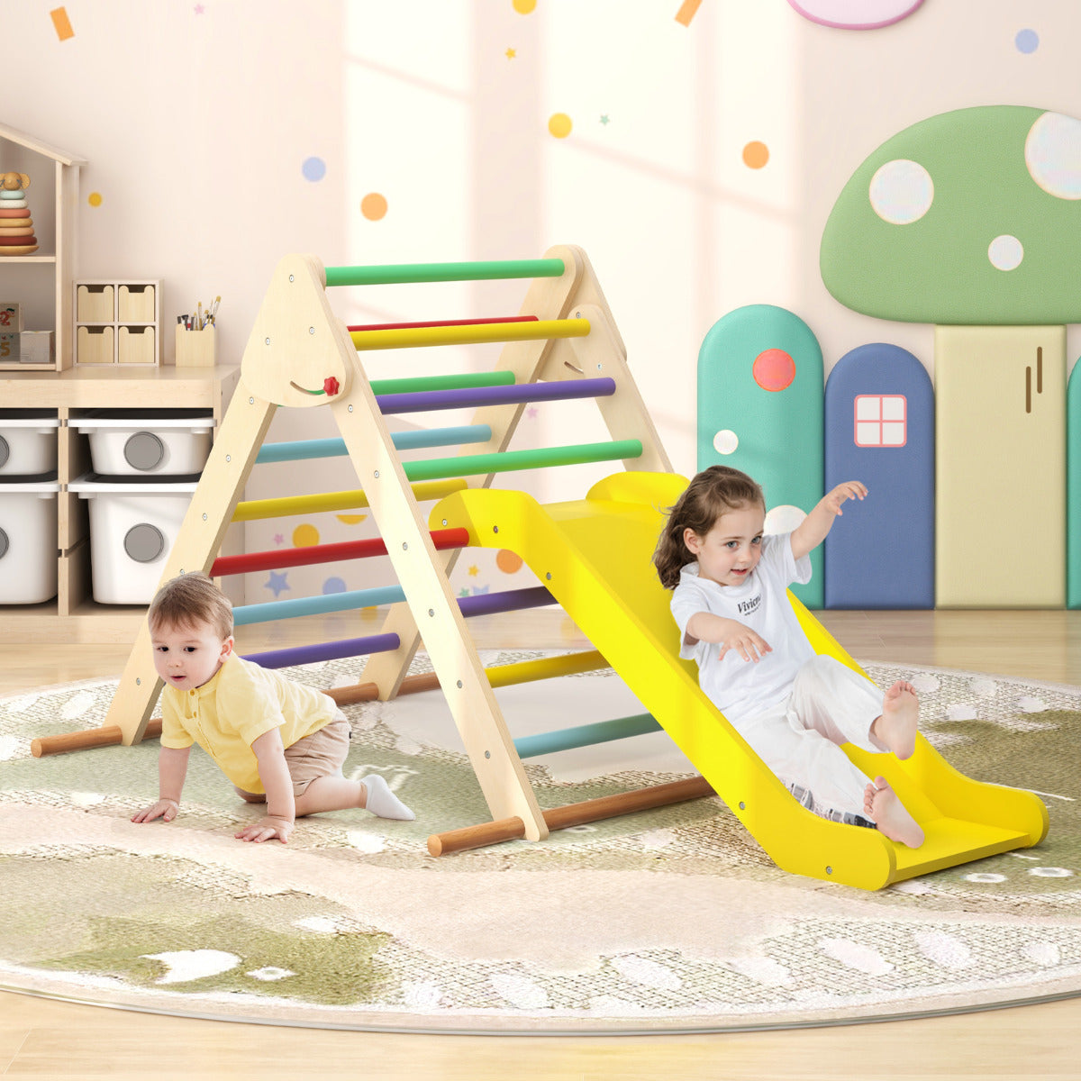 Parque Infantil de Madeira com Escalador Triangular Dobrável, Escorrega e Barras de Madeira de Faia Multicolorido - Ginásio Interior para Crianças Brinquedo Montessori